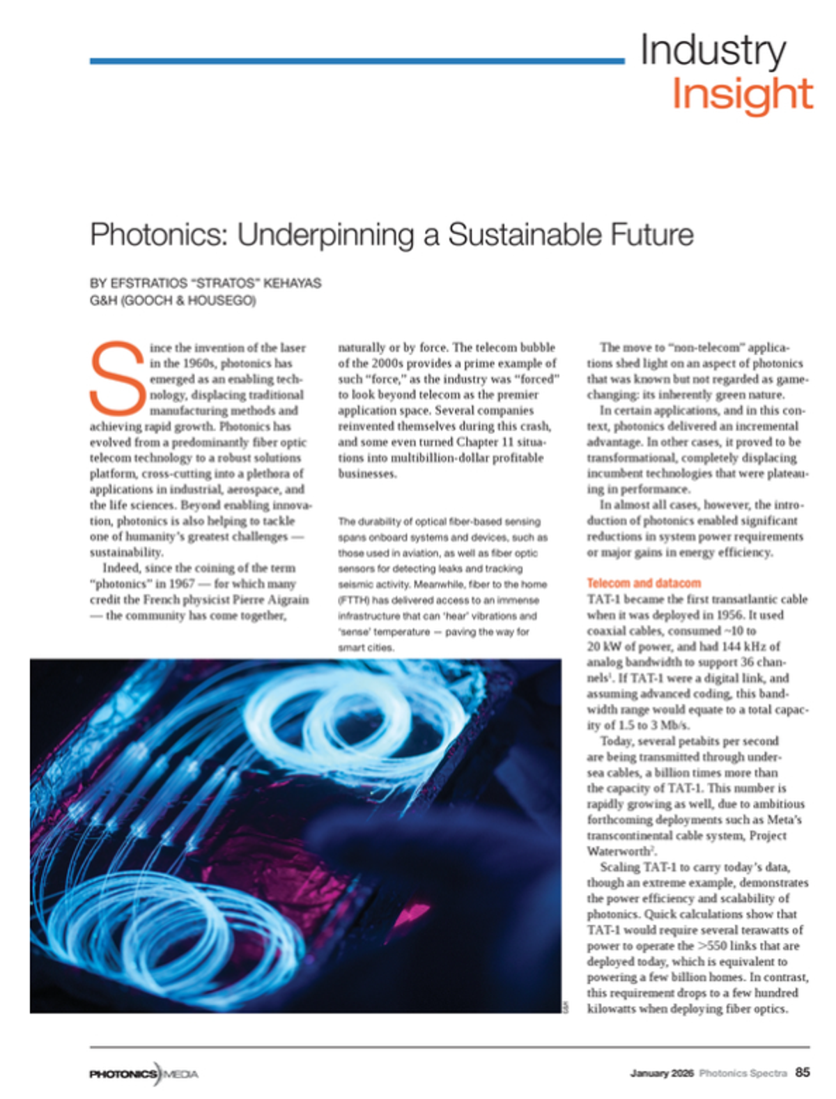 Industry Insight article page titled ‘Photonics: Underpinning a Sustainable Future’ by Efstratios ‘Stratos’ Kehayas of Gooch & Housego, featuring a multi-column magazine layout with text and an image of glowing coiled optical fibers, published in Photonics Spectra, January 2026.