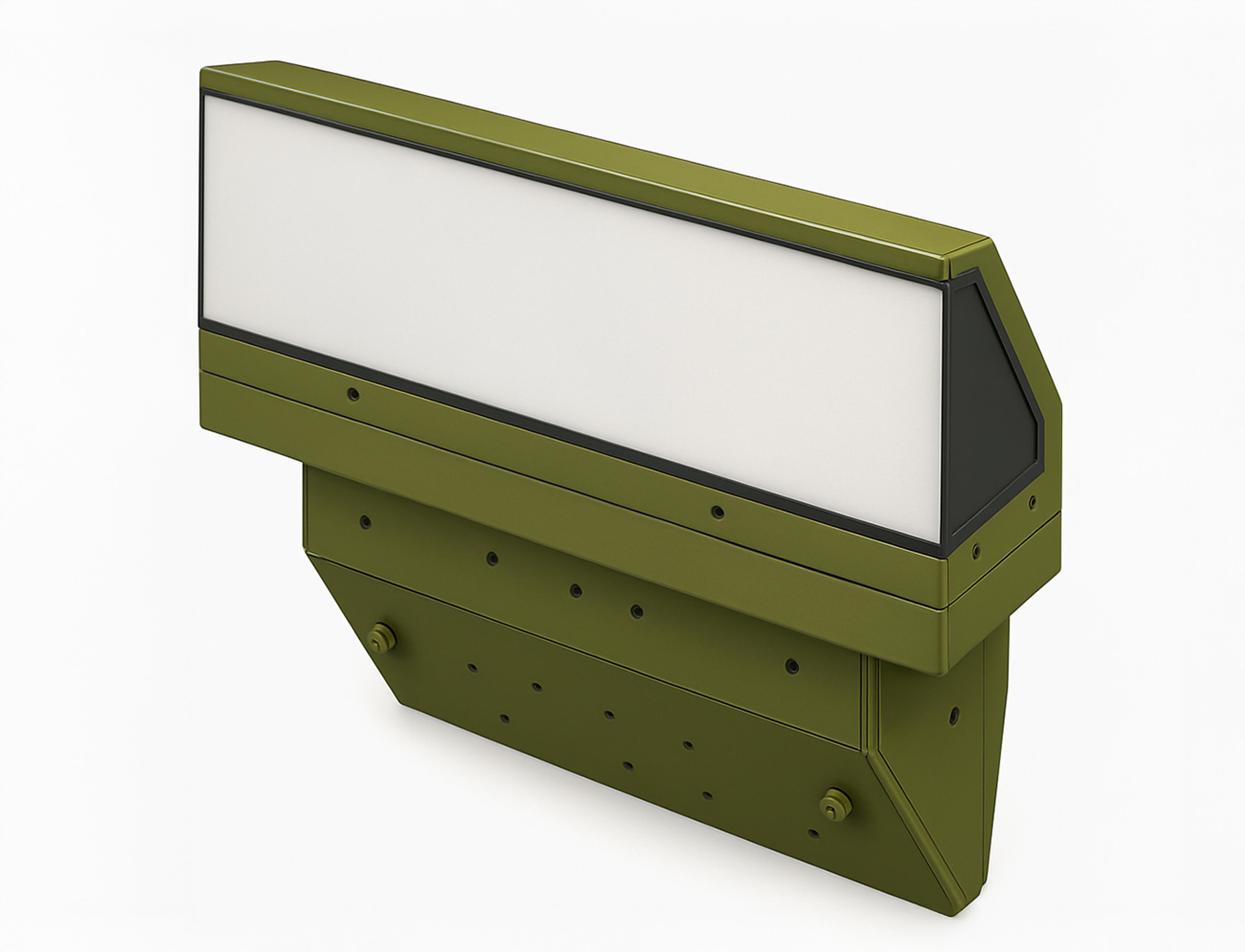 Olive green rectangular embedded image periscope unit with a white viewing panel and angled black side window, designed for military vehicles, featuring multiple mounting points and connectors