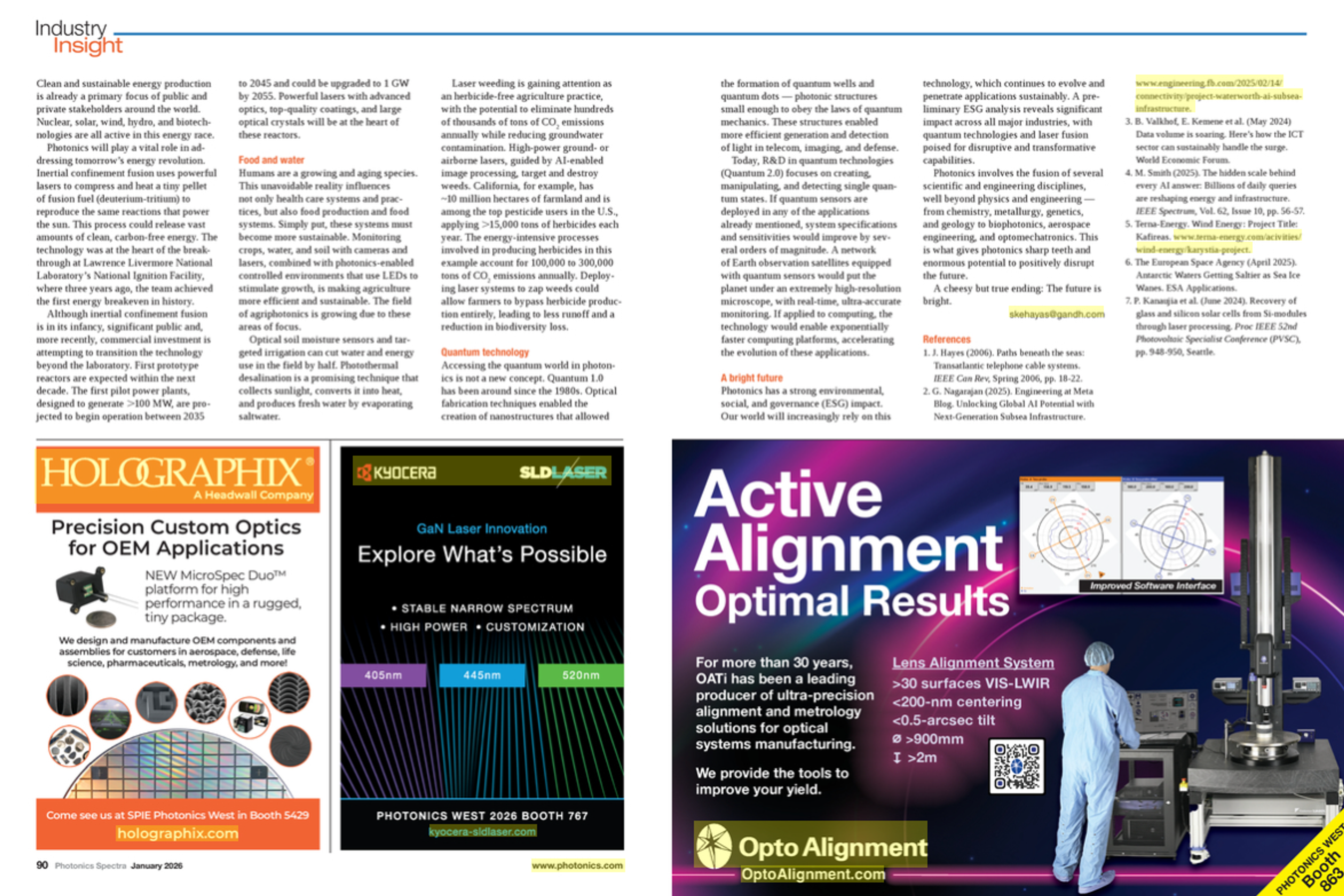 Industry Insight article spread from Photonics Spectra, January 2026, showing the final pages of ‘Photonics: Underpinning a Sustainable Future,’ with multi-column text on clean energy, food and water, quantum technology, and ESG impact, alongside reference citations and several full-page and half-page advertisements for photonics and optics companies.