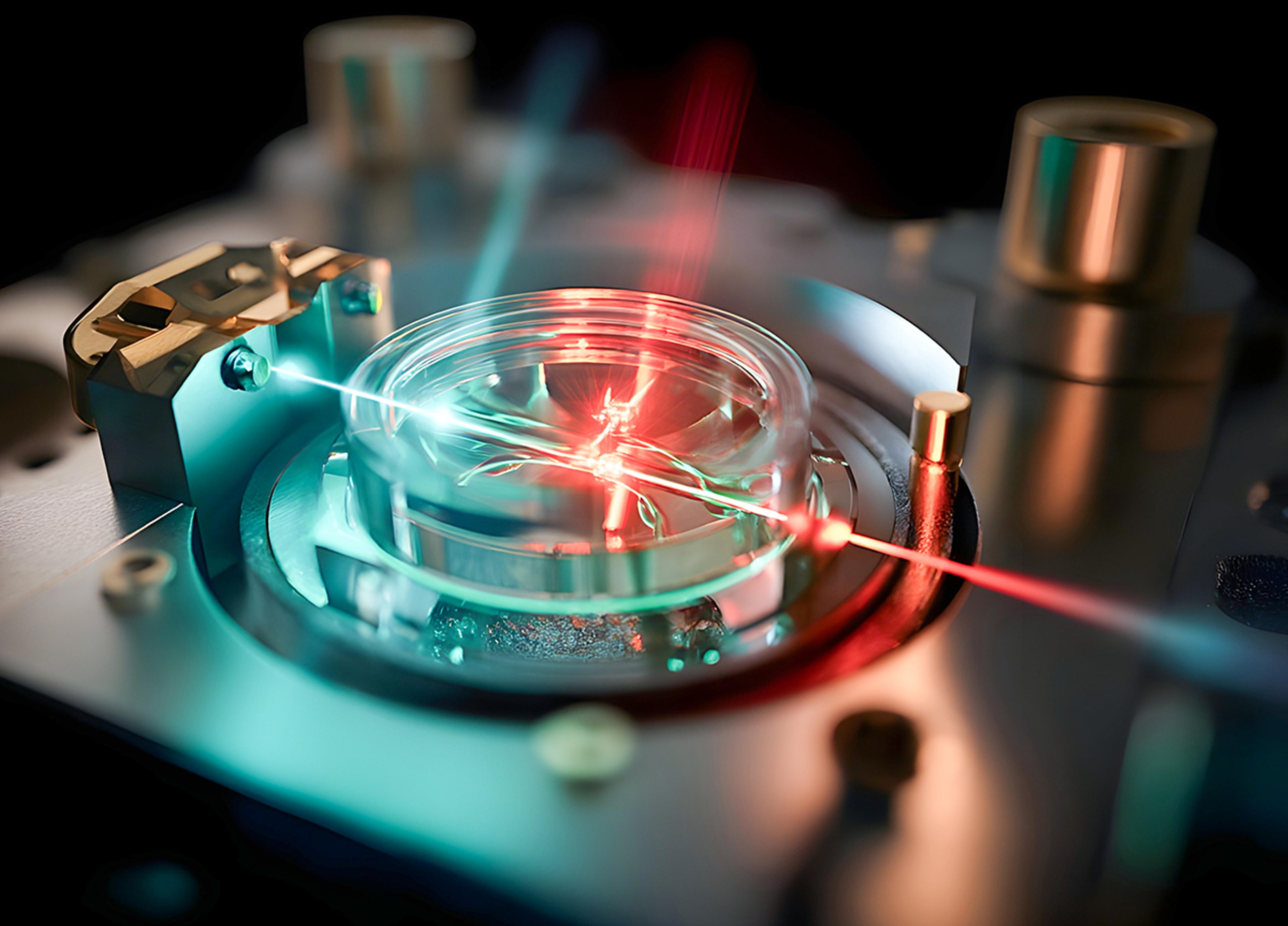 Conceptual visualisation of a benchtop cold atom trap illuminated by intersecting laser beams, representing precision optical control used in quantum physics research and experimentation.