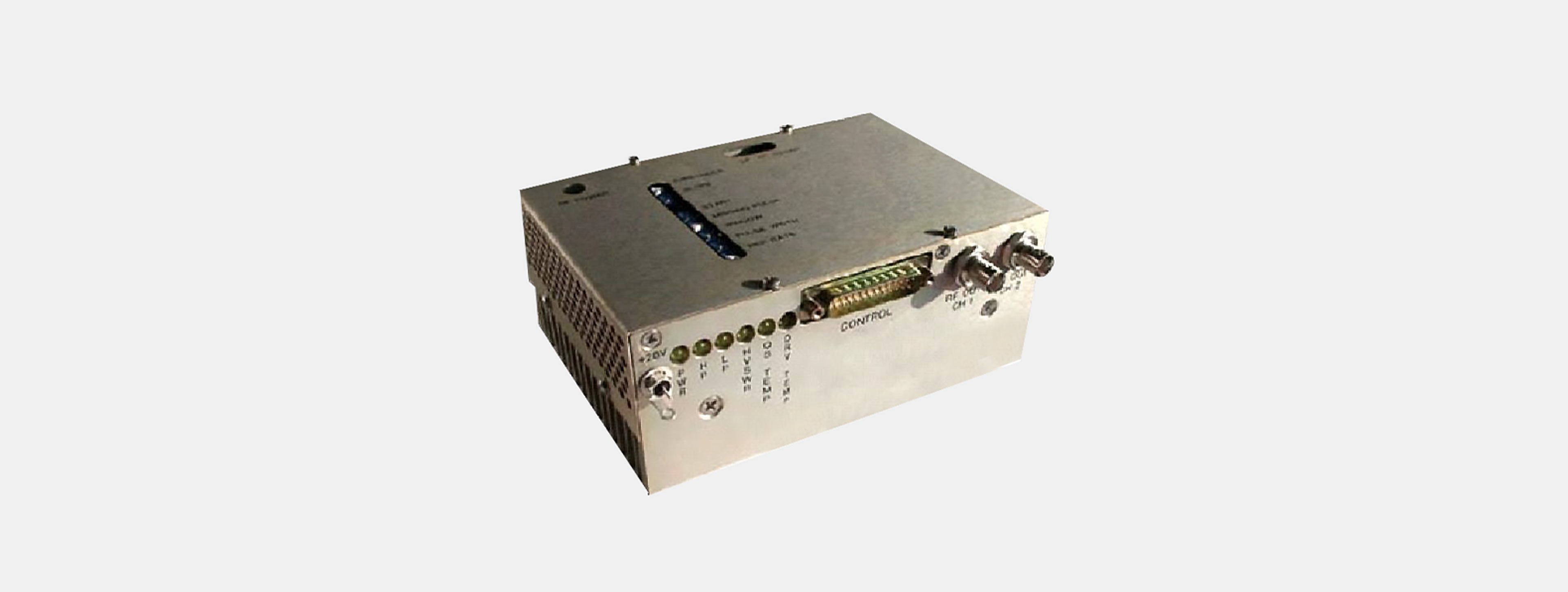 MQH0XX-YYDM-ZZZ-2S RF Driver product image - A compact, metallic RF driver unit from G&H, featuring multiple labeled ports and connectors. The front panel includes LED indicators for power and operational status, a DB-style control connector, and BNC connectors labeled “RF CH 1” and “CH 2.” The top surface has engraved operational instructions and indicator labels. Side vents suggest heat dissipation functionality. This unit is designed for high-precision optical signal modulation or laser system integration.
