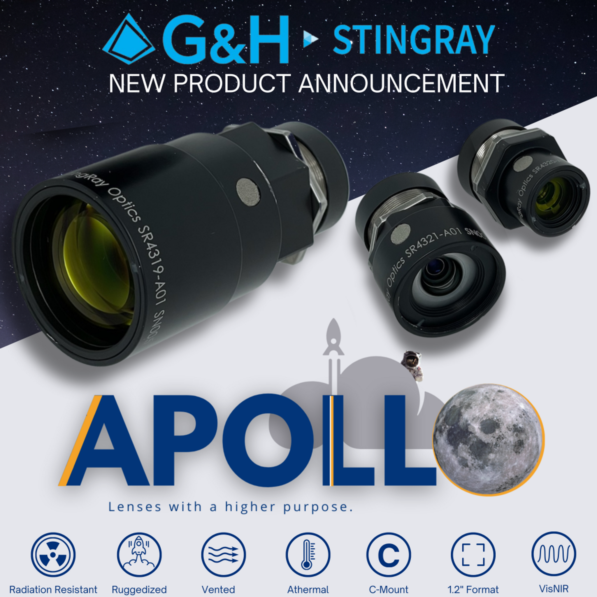 Apollo lenses - Promotional graphic for G&H’s Stingray product line, announcing new Apollo lenses. The image features three ruggedized optical lenses labeled with model numbers, set against a space-themed background. Below is the Apollo logo with a rocket and moon icon, accompanied by icons highlighting features such as radiation resistance, ruggedization, venting, athermal design, C-Mount, 1.2" format, and Vis/NIR capability.
