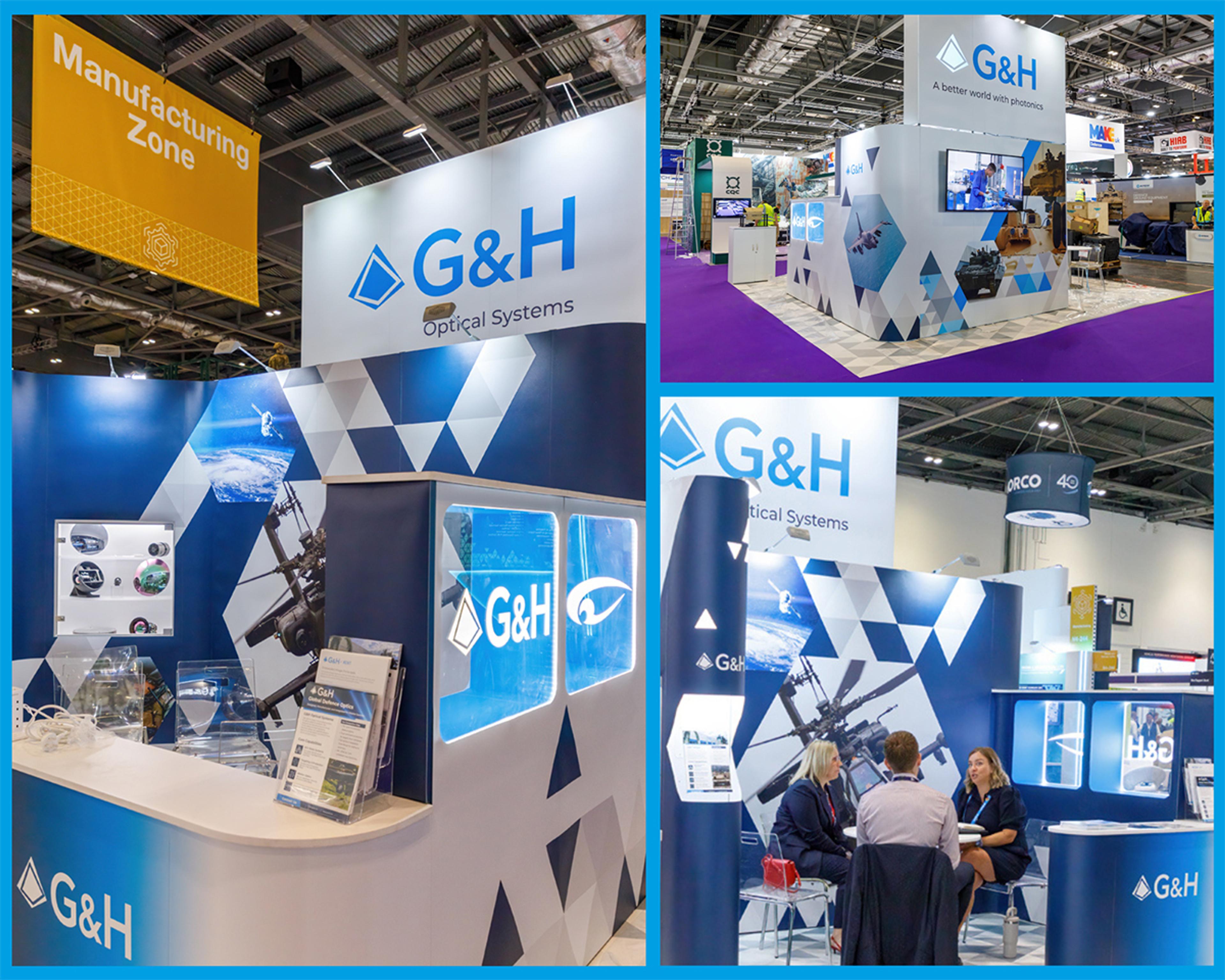 Collage of G&H exhibition booth at DSEI 2025. The displays feature the G&H logo, blue and white geometric branding, illuminated panels, and visuals of optical systems. One photo shows the booth under the 'Manufacturing Zone' banner, another shows the full booth setup with screens, and a third captures G&H staff in conversation with visitors.