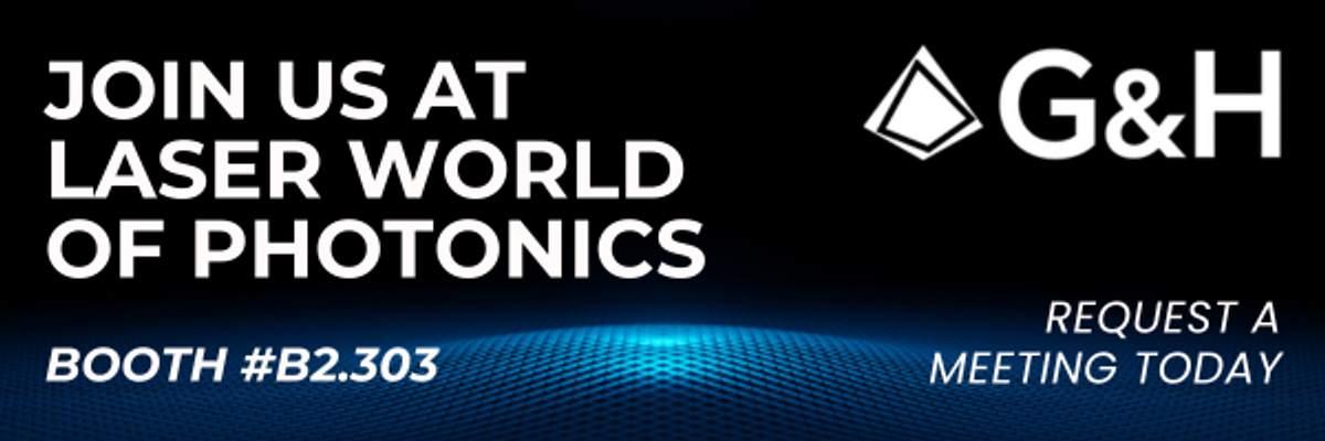 Laser World of Photonics 2025 promotional panel black, blue and white with G&H logo and details of the booth