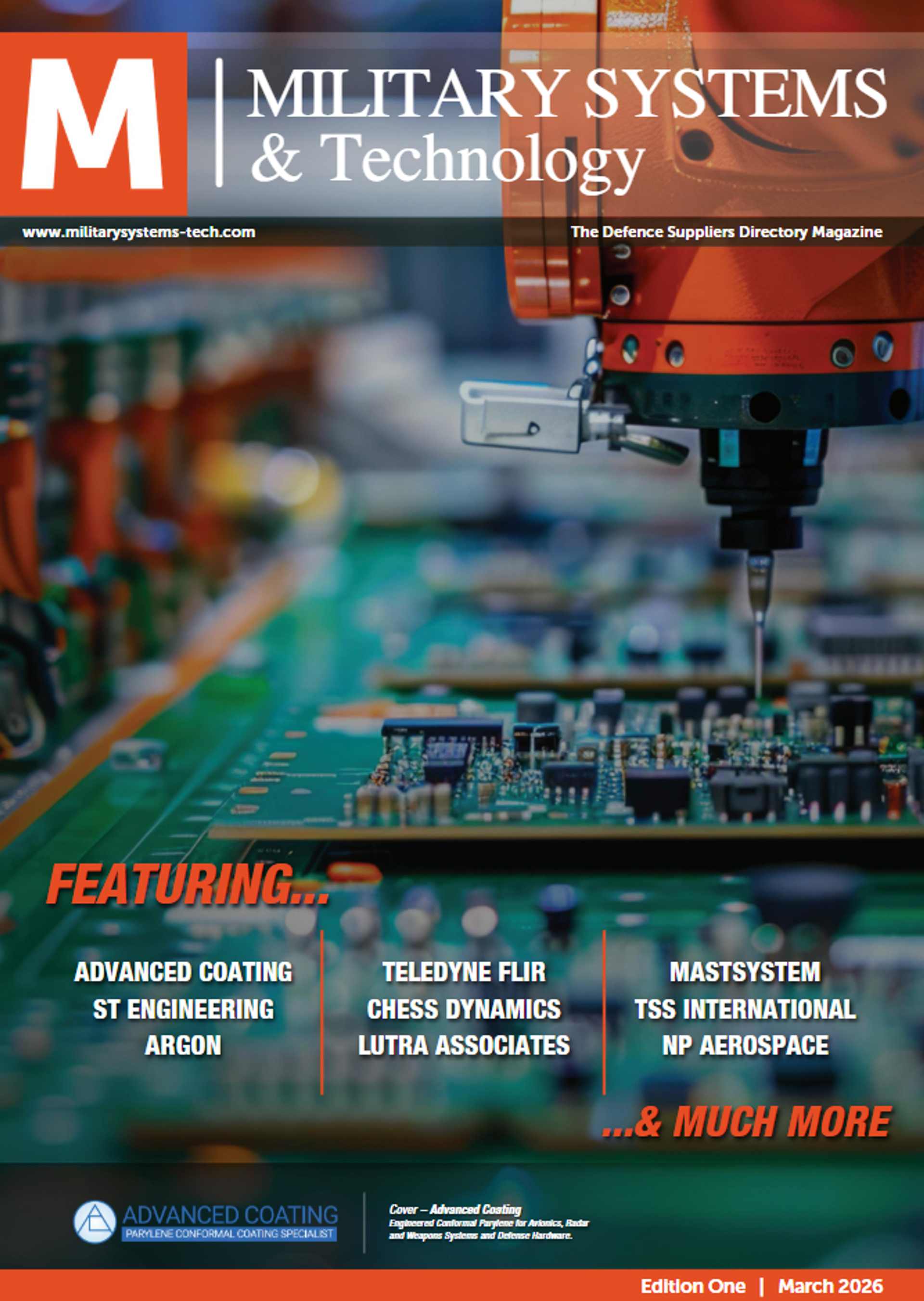 Cover of Military Systems & Technology (Edition One, March 2026) showing an electronics manufacturing scene with a robotic tool over a circuit board and featured company names listed on the front.