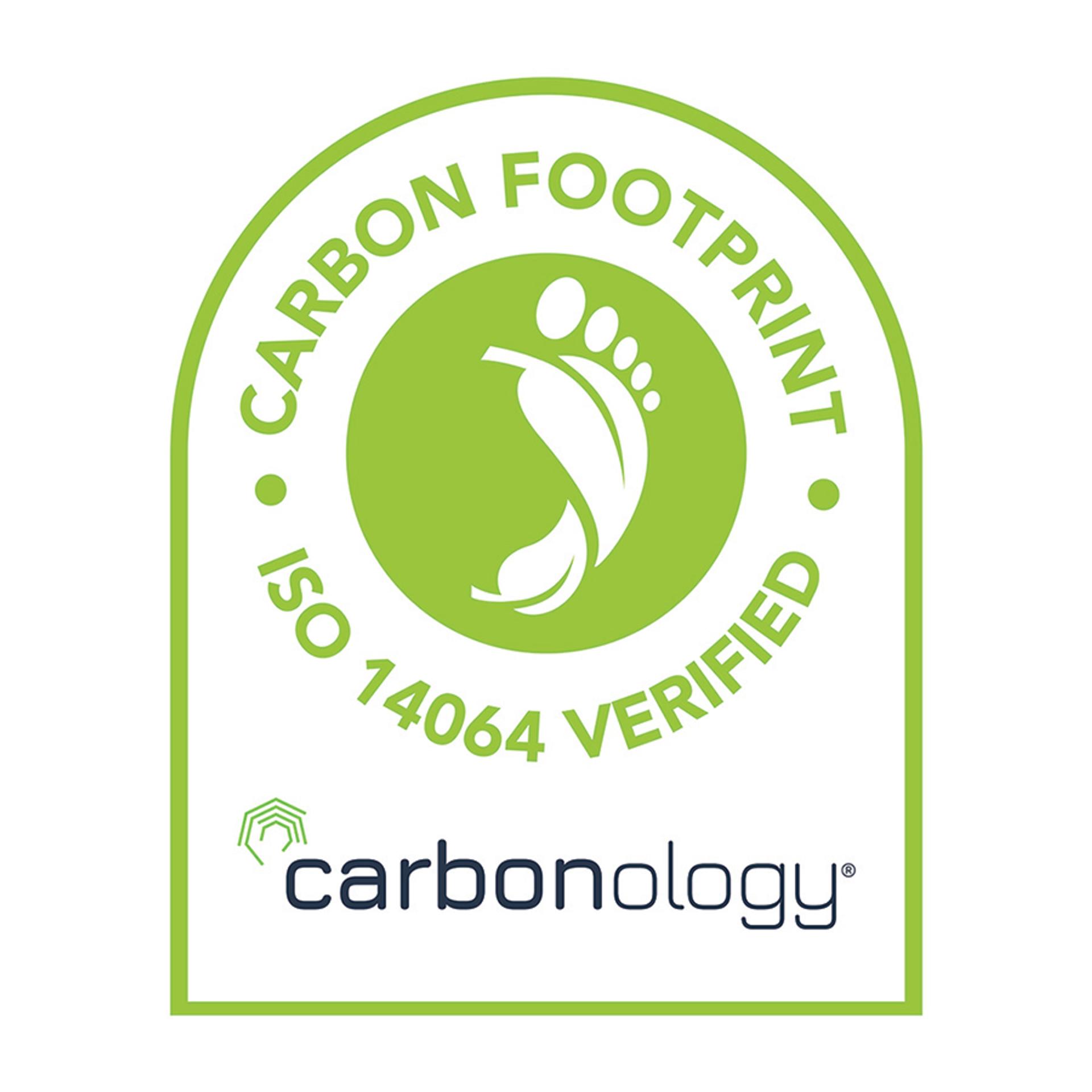 Carbon Footprint ISO 14064 Verified badge featuring a green footprint icon and the Carbonology logo