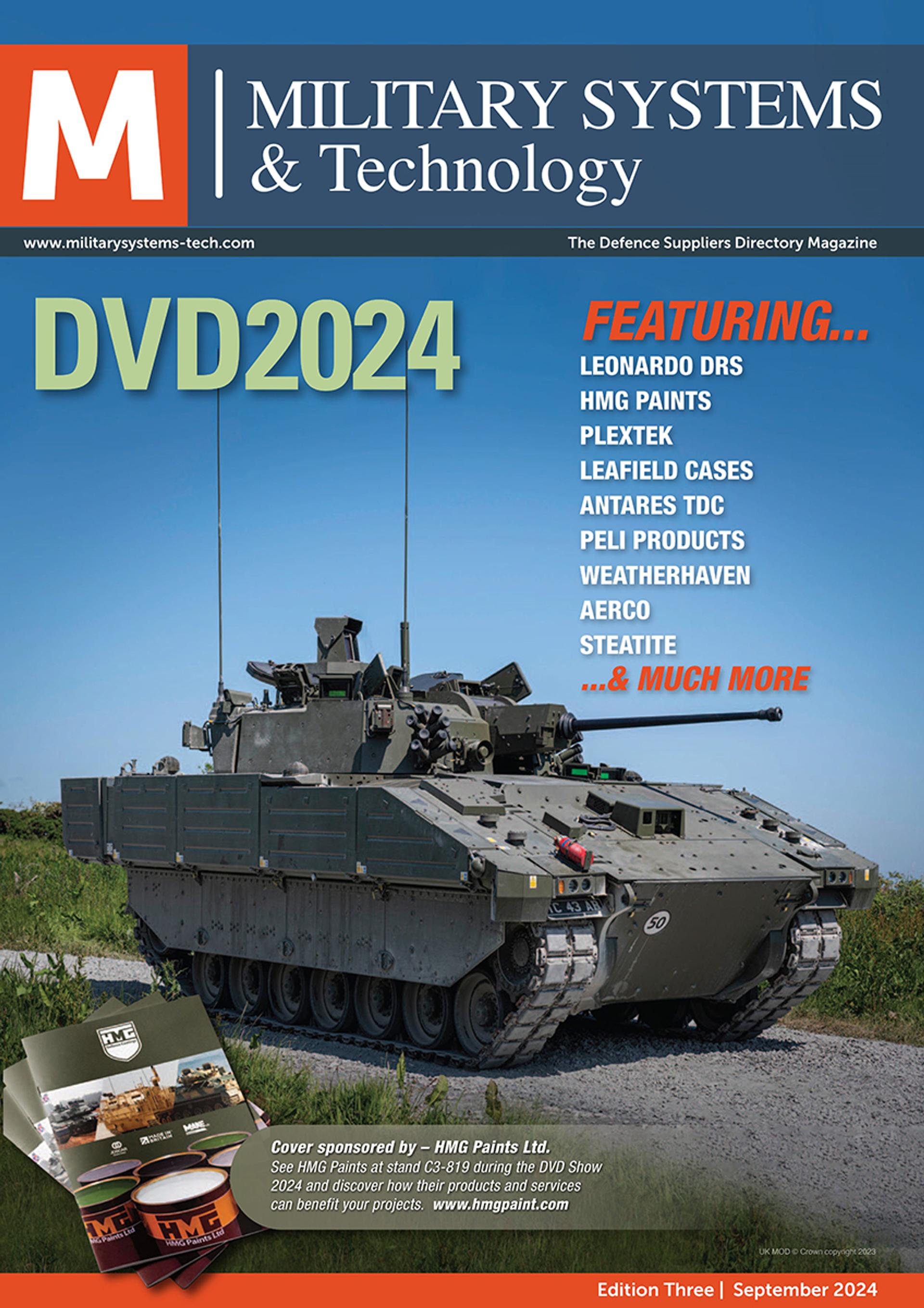 Cover of the Military Systems & Technology magazine, Edition Three – September 2024. The top section features the magazine's name in white capital letters on a dark blue background with an orange "M" logo on the left. Below the header, large green text reads "DVD2024", and to the right, bold orange and white text highlights featured companies, including Leonardo DRS, HMG Paints, Plextek, Leafield Cases, Antares TDC, Peli Products, Weatherhaven, Aerco, Steatite, and more.