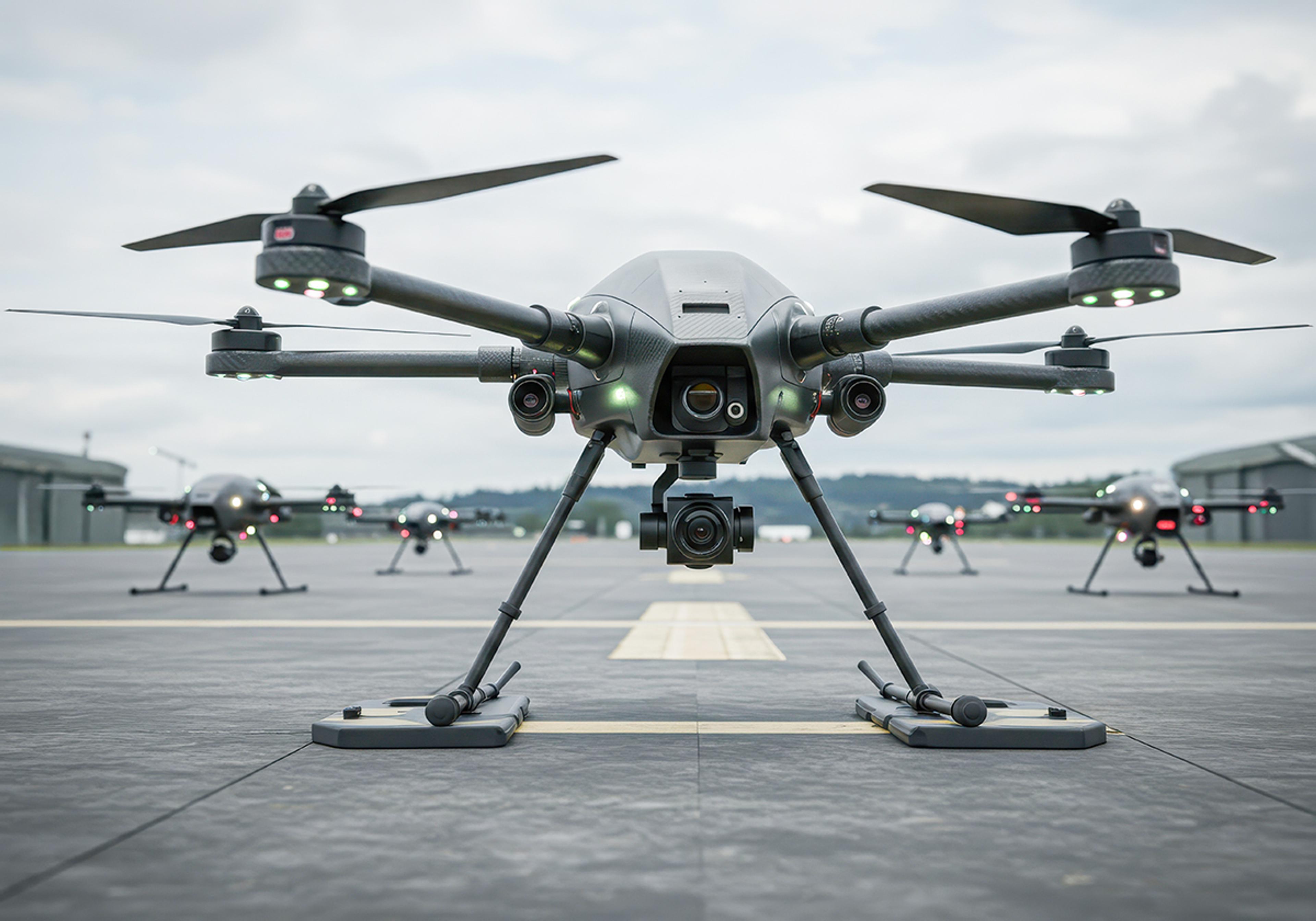 Fleet of unmanned aerial vehicles (UAVs) lined up on an airfield runway, with one UAV in the foreground showing its camera payload, landing gear and rotor arms.