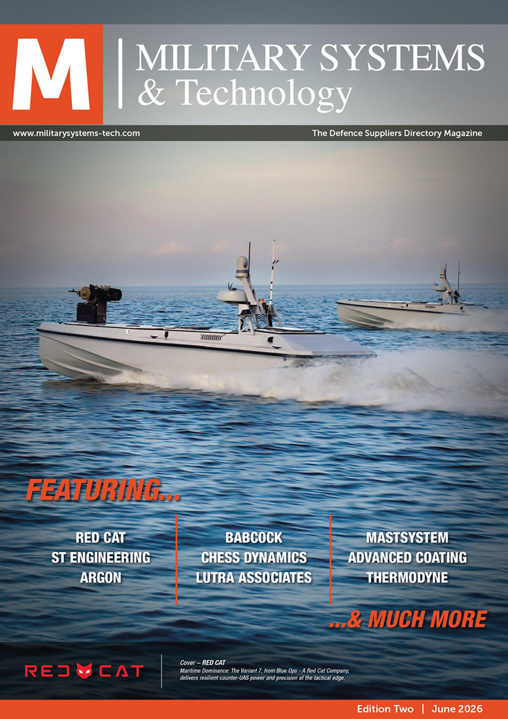 Front cover of Military Systems & Technology magazine featuring two high-speed unmanned surface vessels moving across open water, with one vessel prominently shown in the foreground carrying mounted defence equipment. The cover includes the headline “Featuring...” followed by a list of defence companies, Red Cat branding at the bottom, and edition details for June 2026.