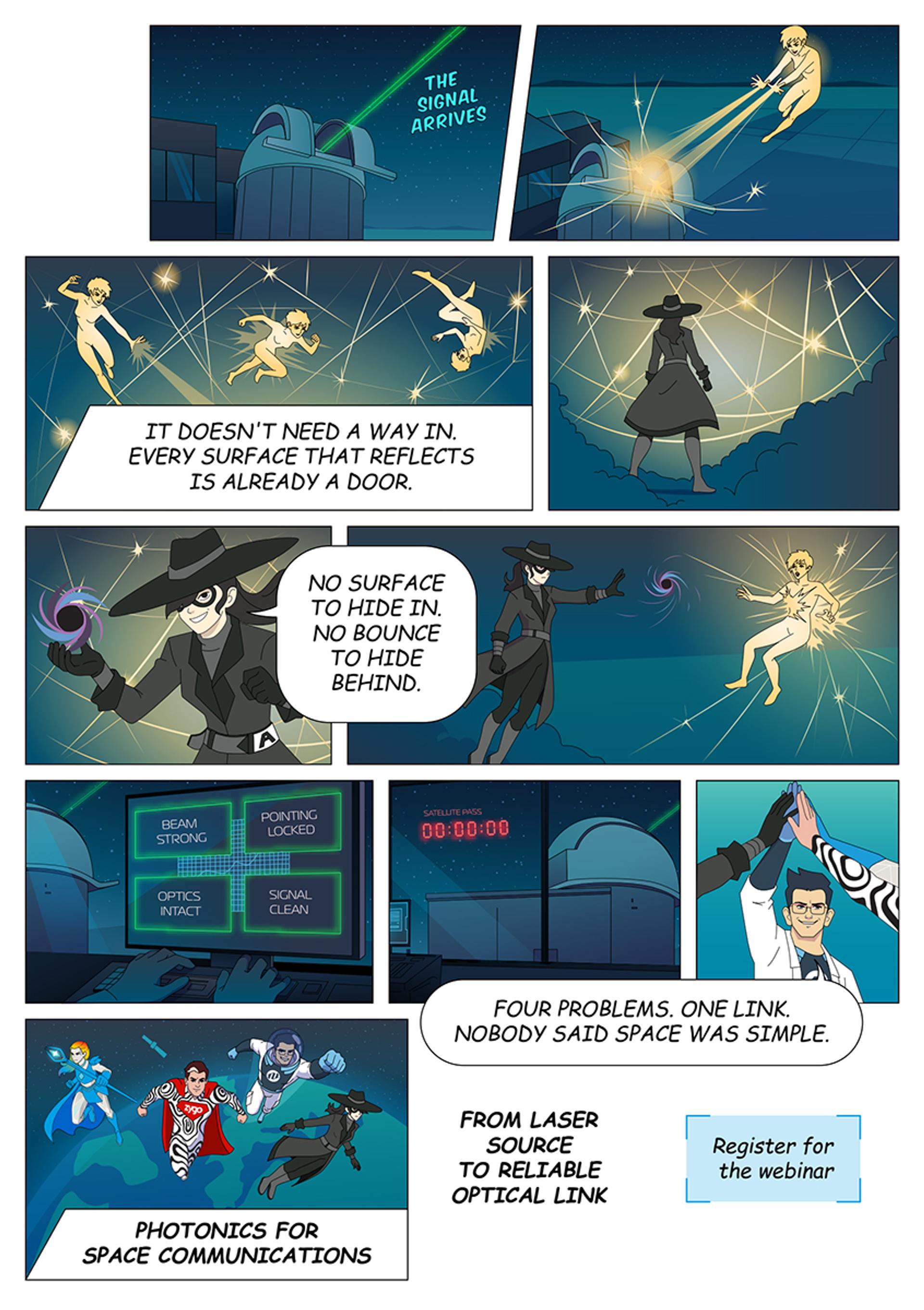 Comic-style Superhero League of Photonics scene showing a laser signal reaching an observatory, light being reflected and redirected, and the photonics team restoring a strong, stable optical communications link.
