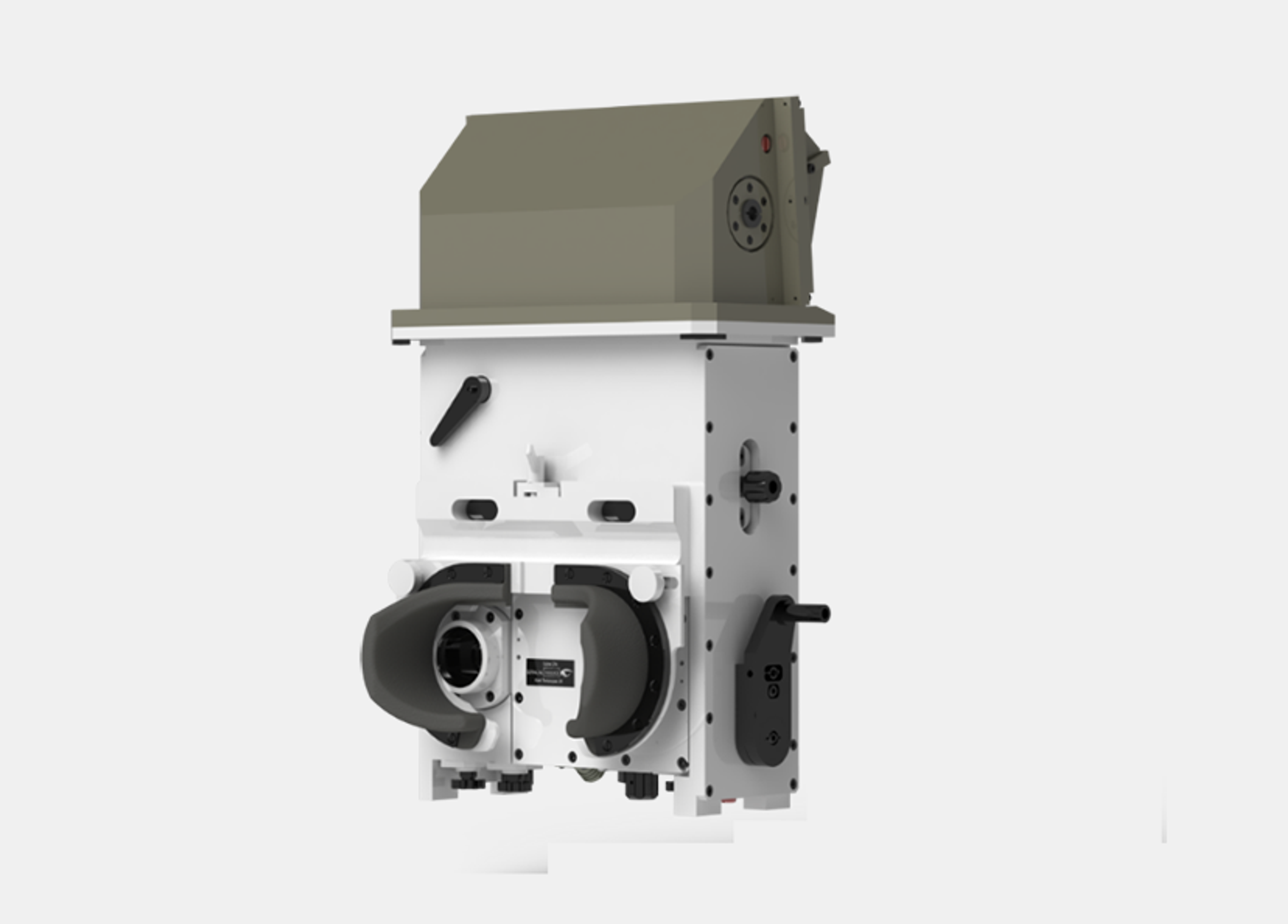 Sabre Day/Night - Military-grade day/night vision system with a white vertical body and olive-green top housing, featuring padded dual eyepieces, multiple knobs and levers for adjustments, and control ports on the side—used for observation and targeting.