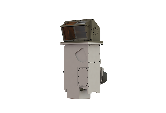 Sabre Ti Gunner Sight Front View - A standalone high-precision optical device with a rugged, rectangular housing and an angled viewing window or sensor at the top. The unit features a combination of metal and composite components, designed for use in military or aerospace applications, such as targeting, surveillance, vision or imaging systems