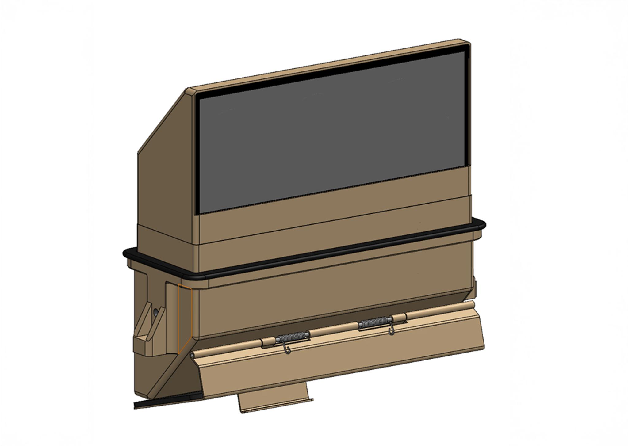 M27 M-Series Unity Vision Periscope.  A 3D-rendered image of a brown armored periscope or vision block assembly, commonly used on military vehicles. The unit has a rectangular glass viewing window at the top, a central rubber seal band, and a lower angled section with two visible spring-loaded hinges. The design suggests modular integration into a vehicle structure for protected viewing.
