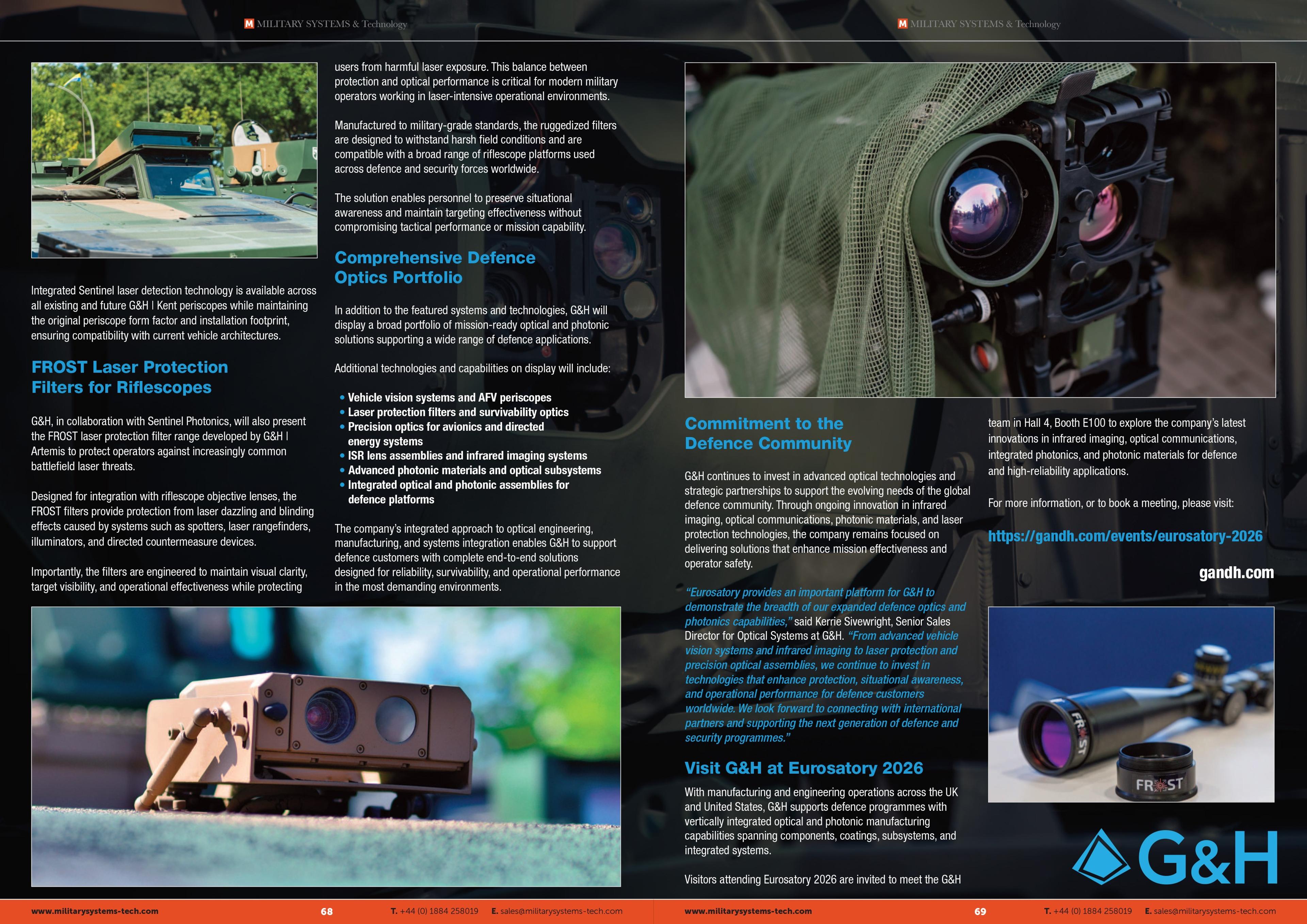 Two-page defence magazine article spread from Military Systems & Technology featuring G&H content on optics and photonics for modern battlefield applications. The layout combines editorial text with multiple product and application images, including an armoured vehicle, a camouflaged optical surveillance or targeting system, a mounted defence sensor unit, and a riflescope with FROST laser protection filters. The article highlights integrated Sentinel laser detection technology, laser protection for riflescopes, a broader defence optics portfolio, and G&H’s continued support for the defence community, with references to Eurosatory 2026 and G&H branding throughout.