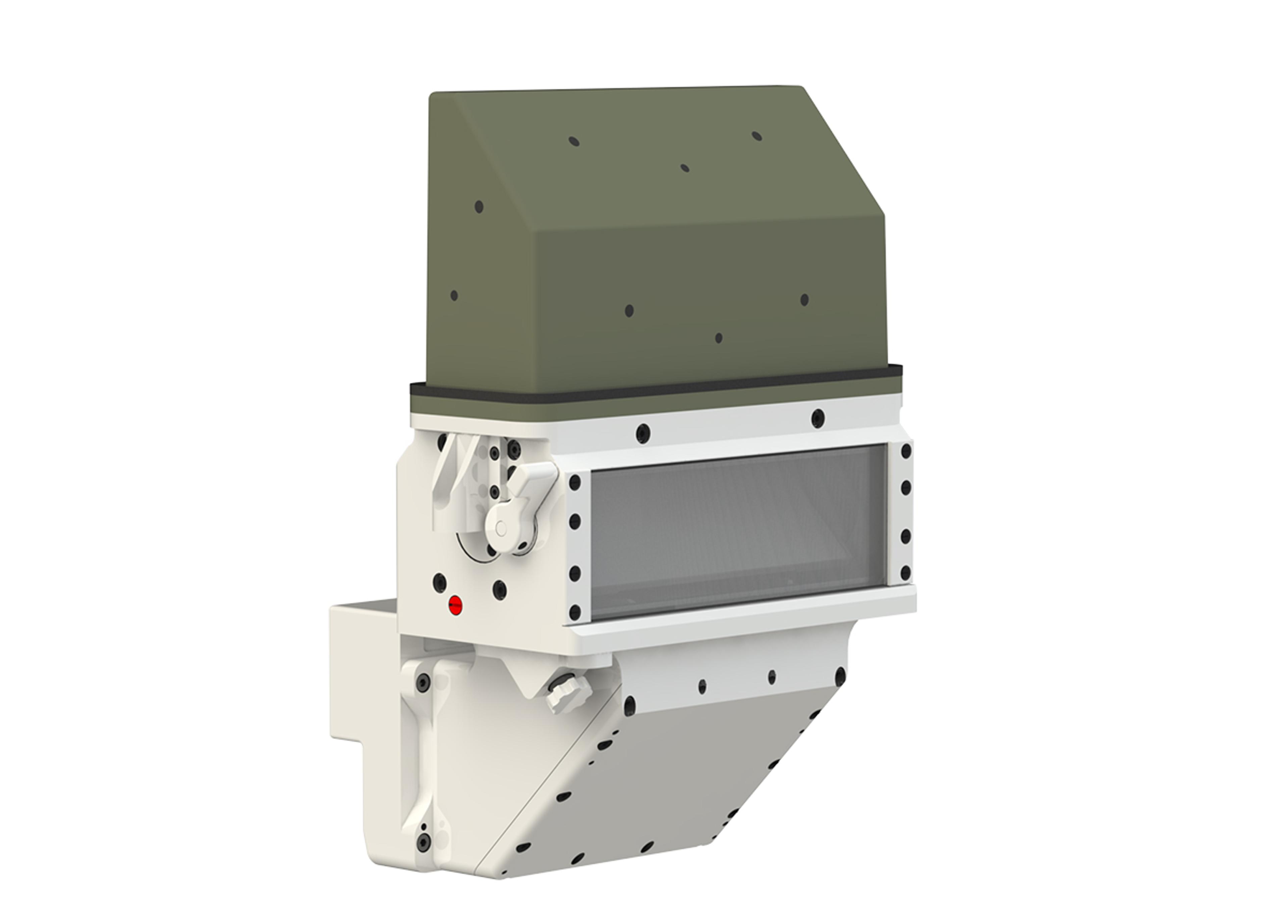 Embedded image periscope unit with a green top housing and white metal body, featuring a rectangular viewing window, multiple mounting points, and mechanical adjustment components.