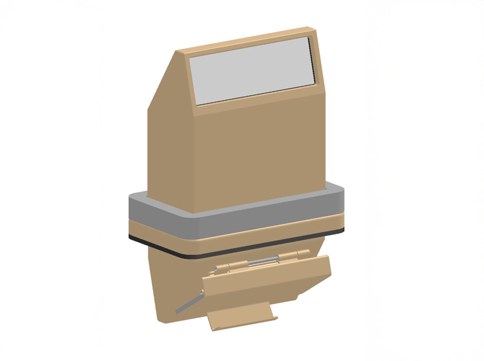 L794/N1 M-Series Unity Vision Periscope.  A 3D-rendered image of a compact light brown armored periscope or vision device, typically used in military vehicles. The unit has a slanted rectangular viewing window at the top, a thick gray mounting band around the middle, and a lower section with a hinged cover and spring mechanism. The design appears to prioritize space-saving while maintaining robust protection and visibility.