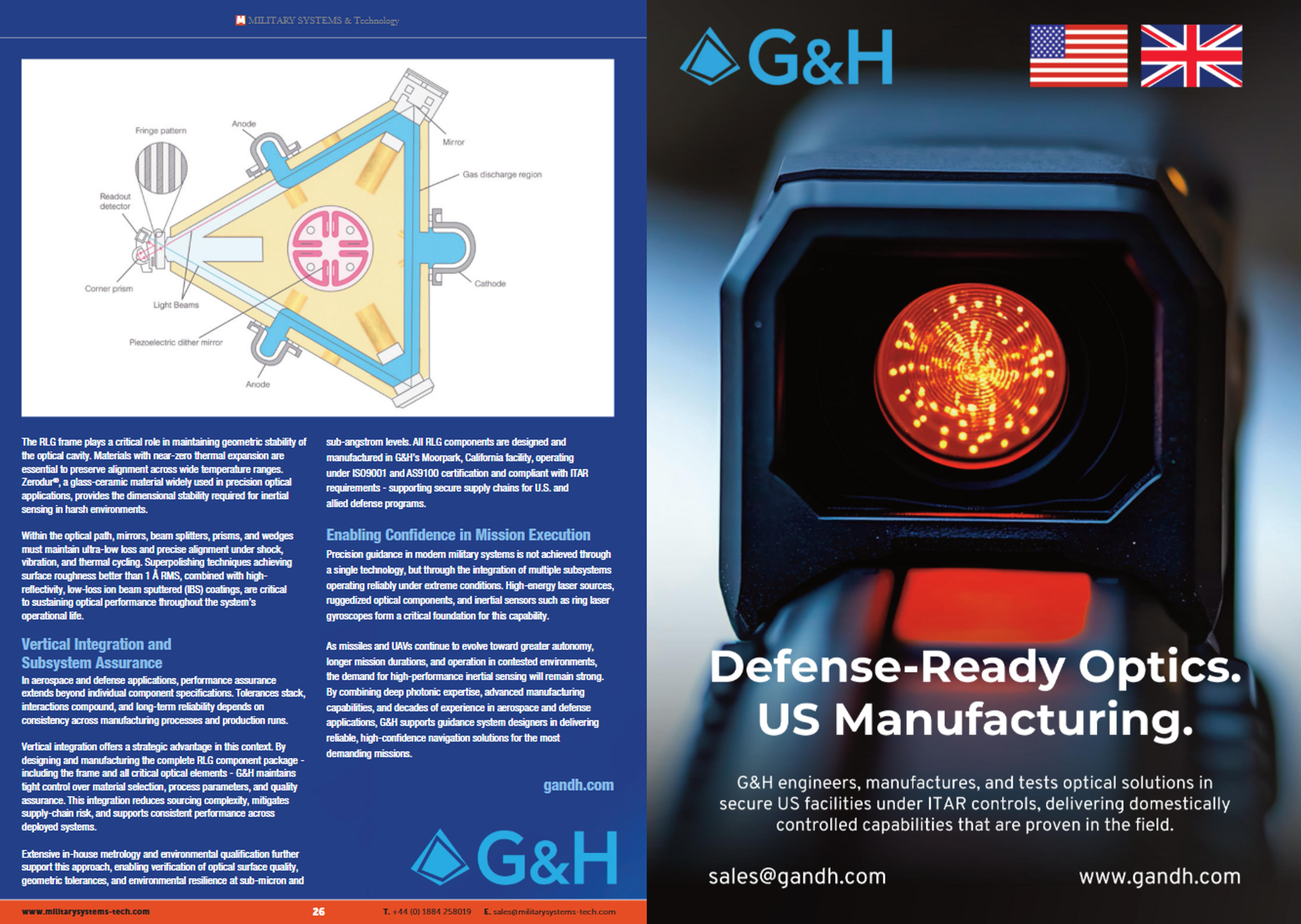 Two-page magazine spread: left page shows a ring laser gyroscope schematic with supporting text and G&H branding; right page is a G&H advert featuring a close-up optic with the headline “Defense-Ready Optics. US Manufacturing.” and US/UK flags.