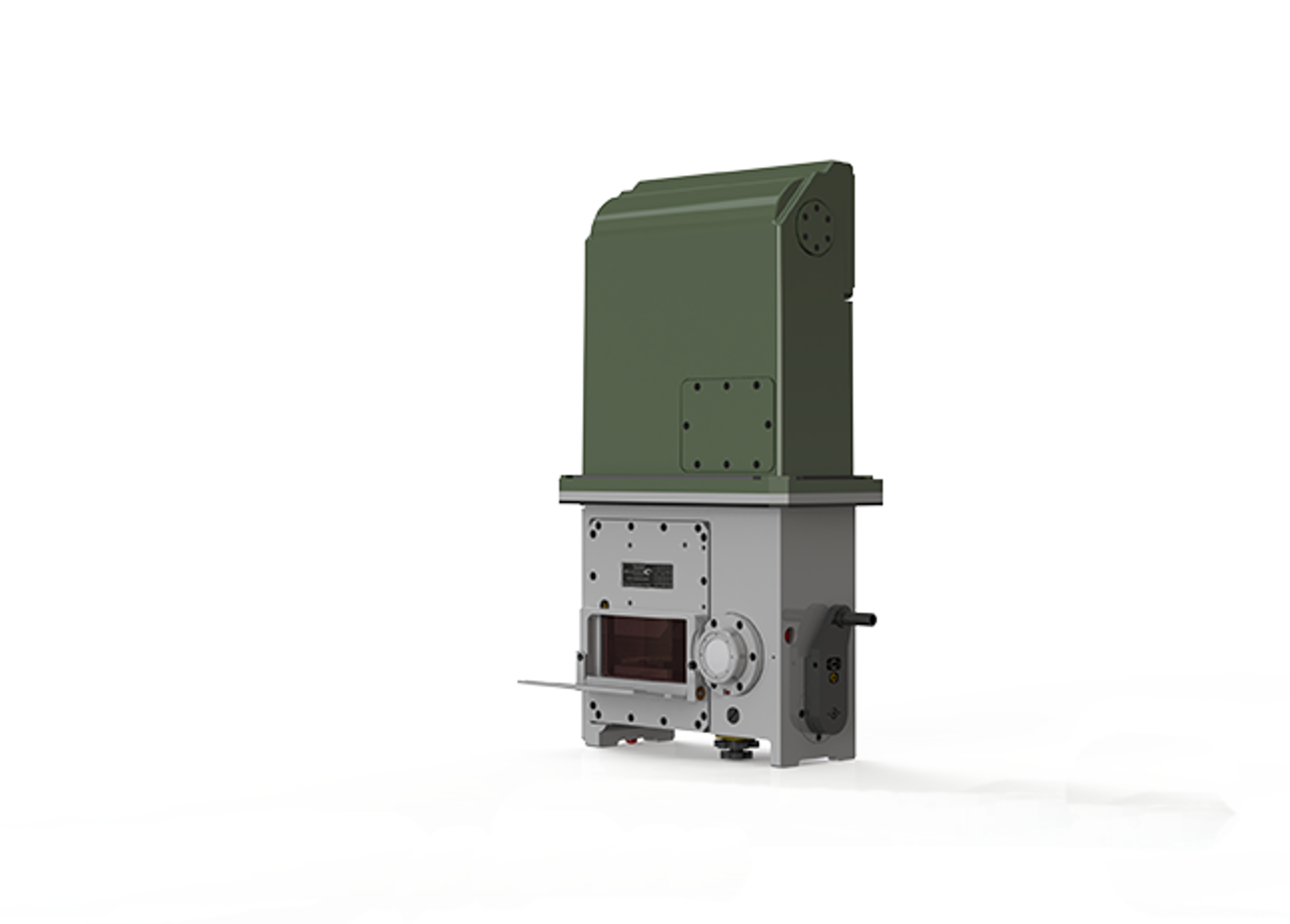Sabre Day Day Gunner Sight Periscope Rear - Sabre Day/Night Gunner Sight Front view - A standalone high-precision optical device with a rugged, rectangular housing and an angled viewing window or sensor at the top. The unit features a combination of metal and composite components, designed for use in military or aerospace applications, such as targeting, surveillance, vision or imaging systems