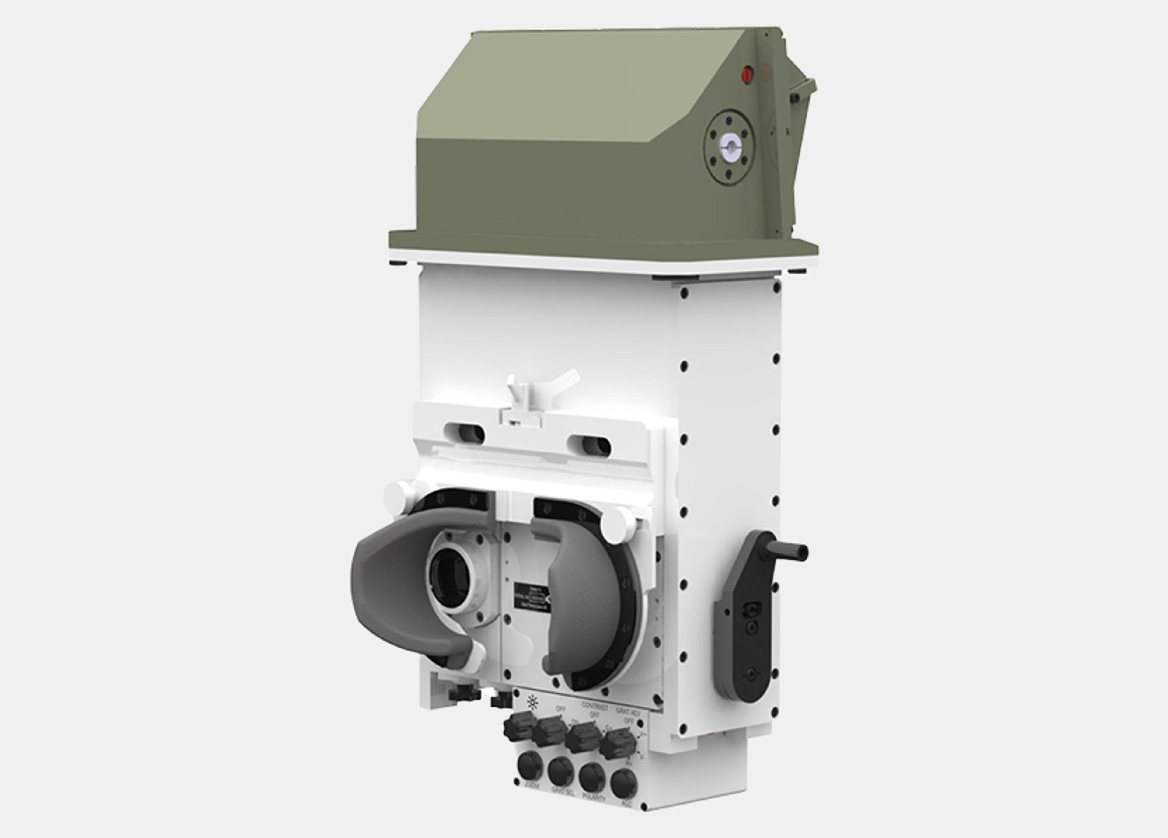 Tall, rectangular optical device with a green top housing and white body, featuring dual eyepieces with rubber shields, multiple connection ports at the base, and a side control handle—appears to be a military-grade vision system or periscope.