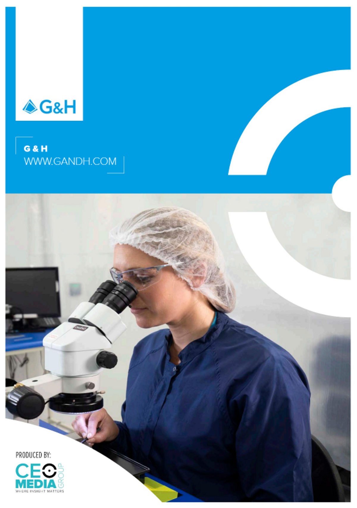 Cover design featuring the G&H logo and website (www.gandh.com) in the top half, with bold geometric shapes in blue and white. The bottom half displays a woman in cleanroom attire using a microscope in a lab environment. The image conveys a high-tech and precise scientific setting. Produced by CEO Media Group, whose logo appears in the lower-left corner.