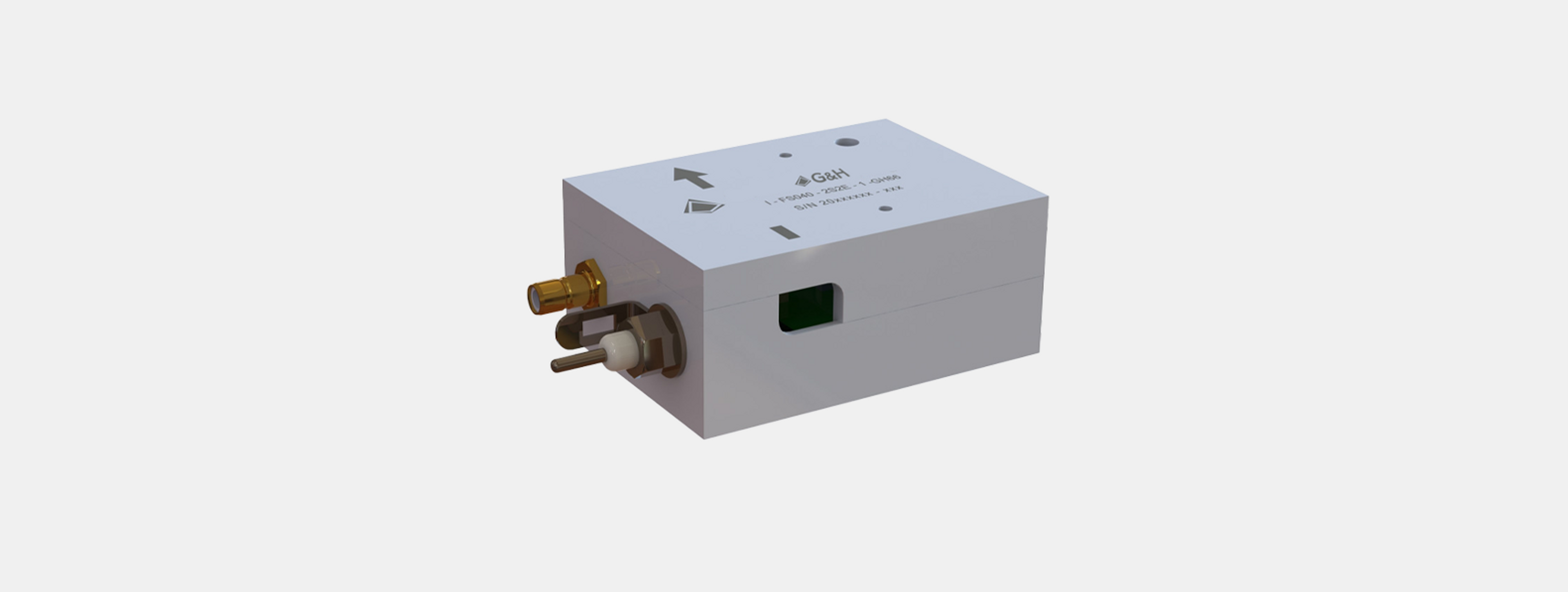 I-FS040-2S2E-1-GH66 product image - Rectangular silver-colored G&H acousto-optic device with labeled top panel. It has an input aperture on one side, RF and electrical connectors on the opposite side, and directional markings indicating optical path orientation. The unit is designed for integration into optical systems.