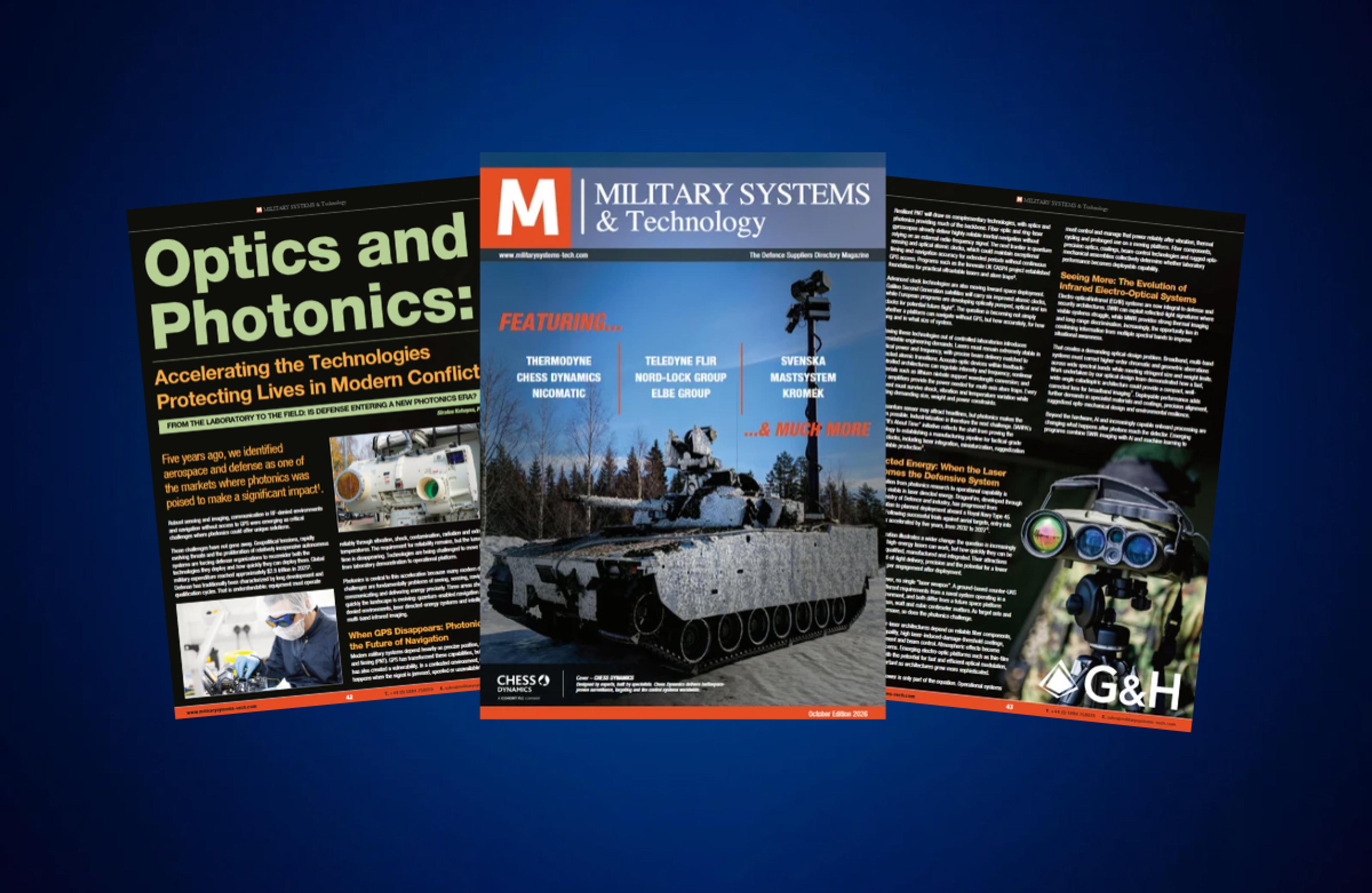 Military Systems & Technology magazine’s October 2026 cover alongside G&H’s optics and photonics feature, showing an armoured vehicle and optical systems on a blue background.