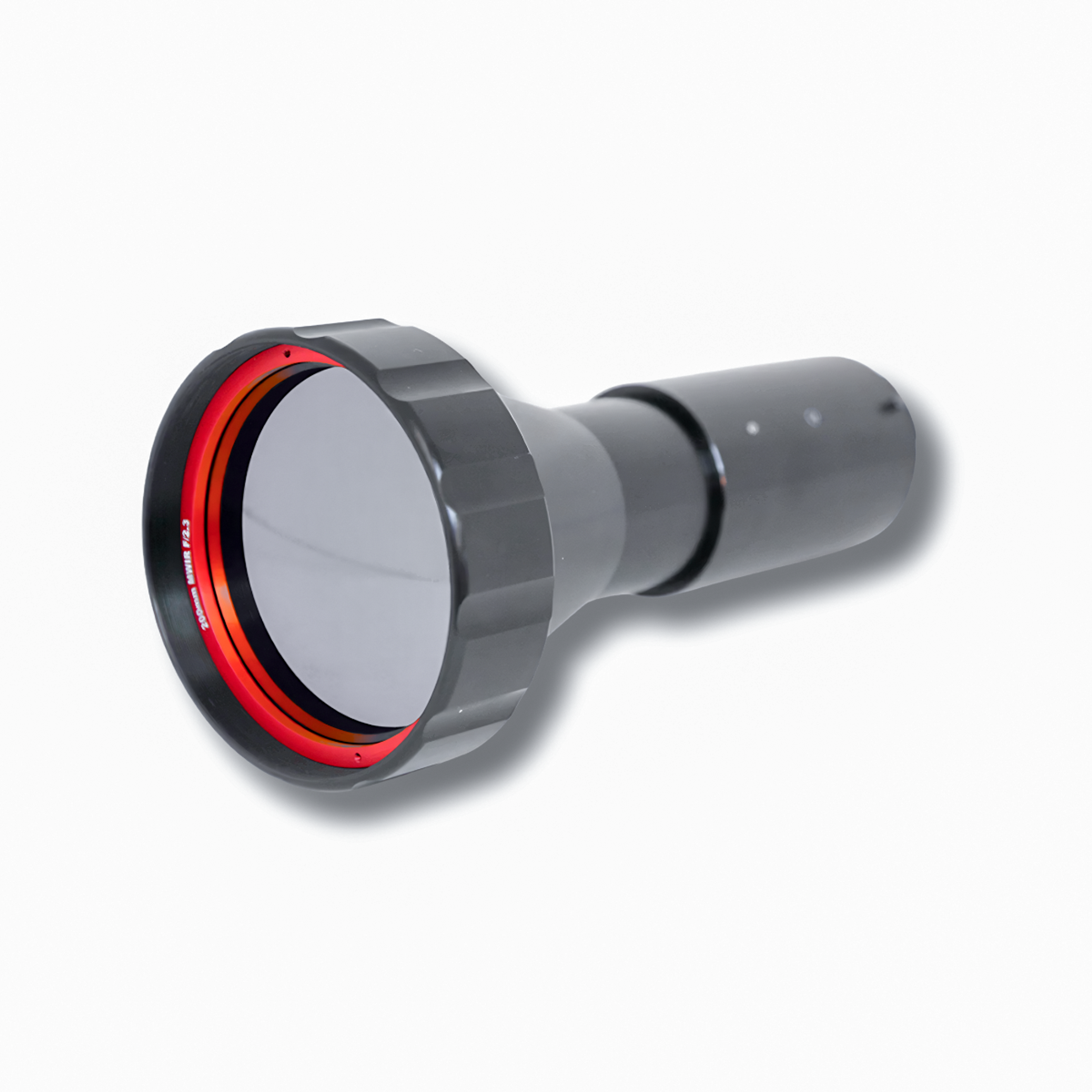 Black and grey optical lens assembly with a red ring around the front element, shown on a white background.