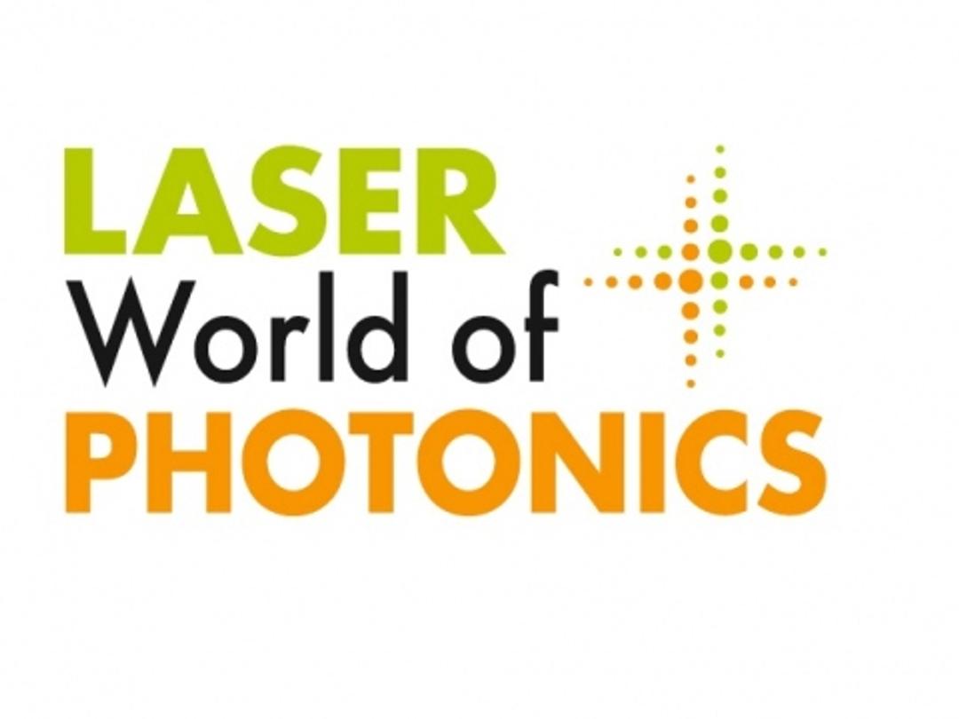 Laser World of Photonics logo featuring the words "LASER" in green, "World of" in black, and "PHOTONICS" in orange, accompanied by a dotted cross symbol in a gradient of green to orange on the right side.
