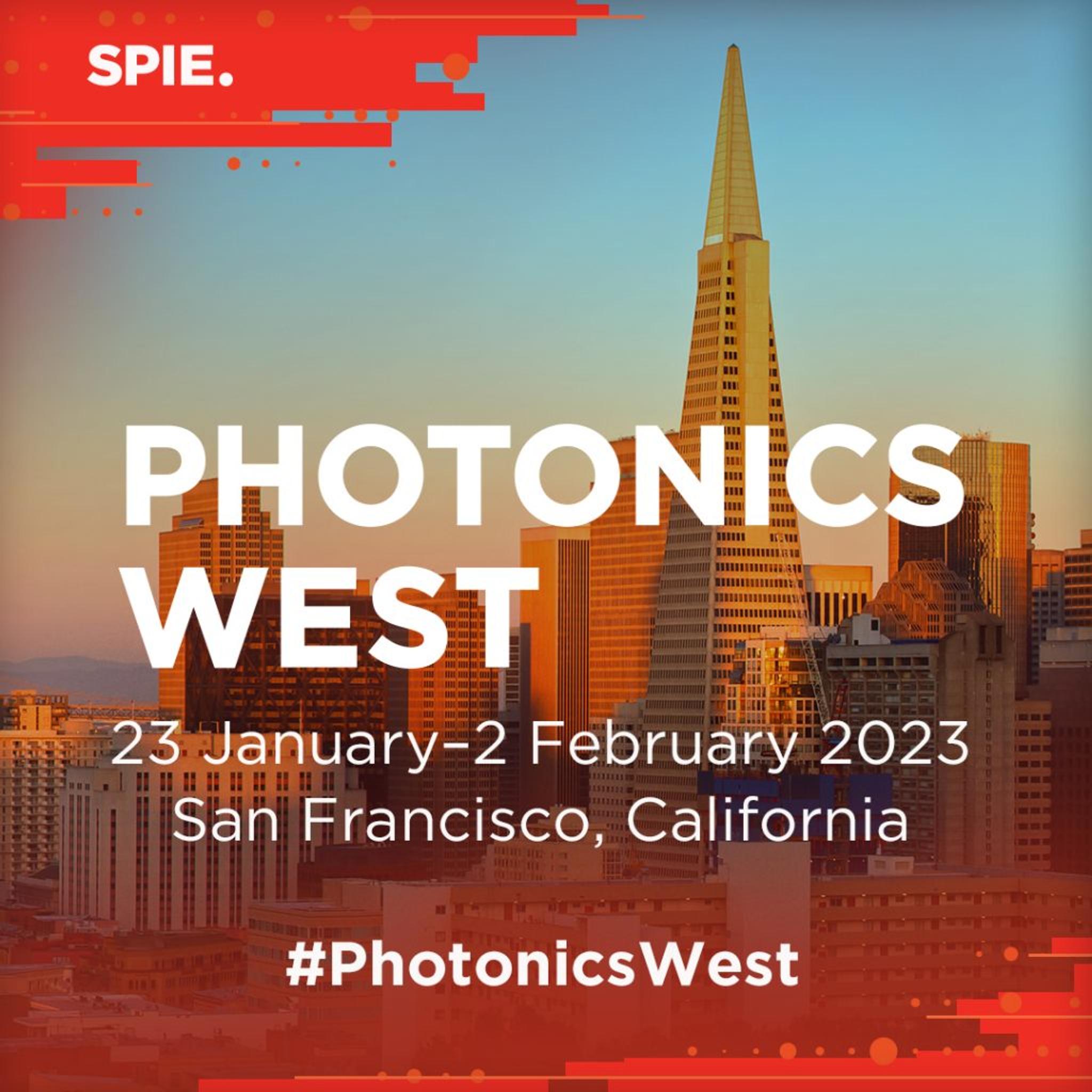 Promotional graphic for SPIE Photonics West 2023, showing the San Francisco skyline with the Transamerica Pyramid prominently featured. The event details are overlaid in white text: "PHOTONICS WEST, 23 January – 2 February 2023, San Francisco, California" with the hashtag #PhotonicsWest at the bottom. Red graphic design elements frame the top left and bottom of the image.
