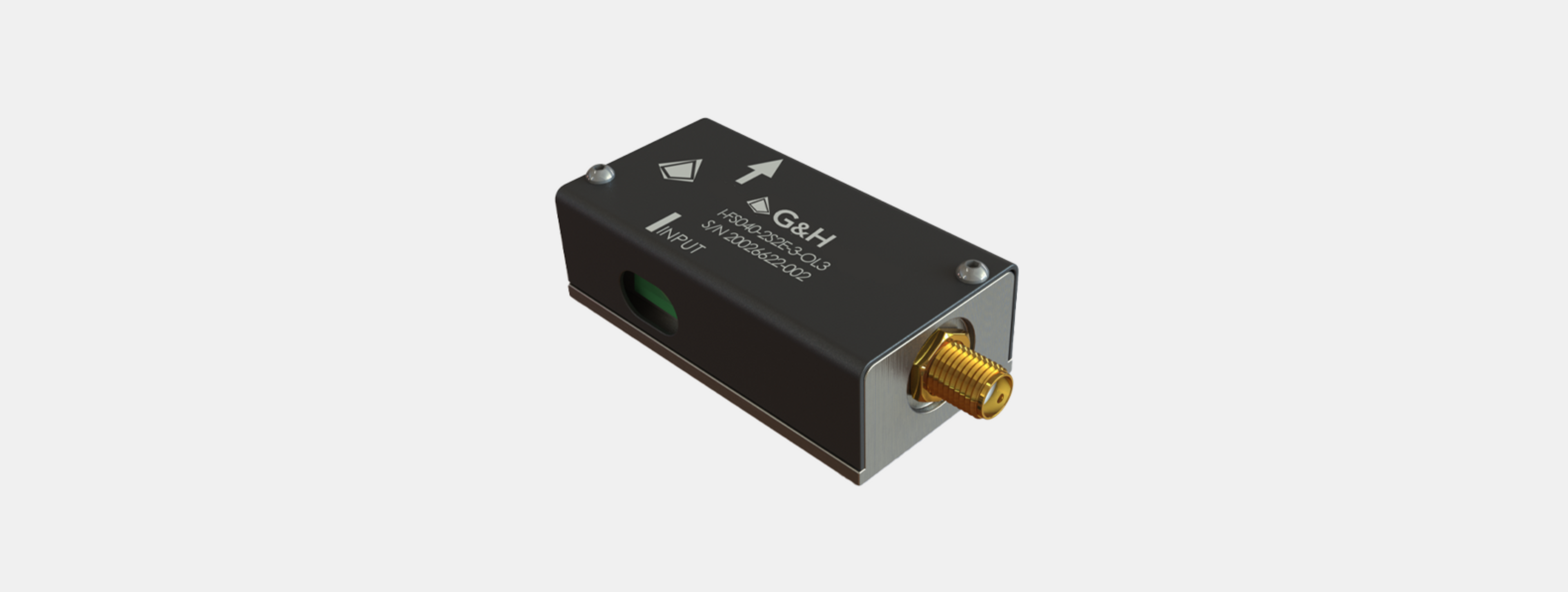 A compact black G&H-branded photonics module with an "INPUT" label, serial number, and directional arrow on top. It features a green optical input port on one side and a gold RF coaxial connector on the opposite end, mounted in a metallic enclosure.