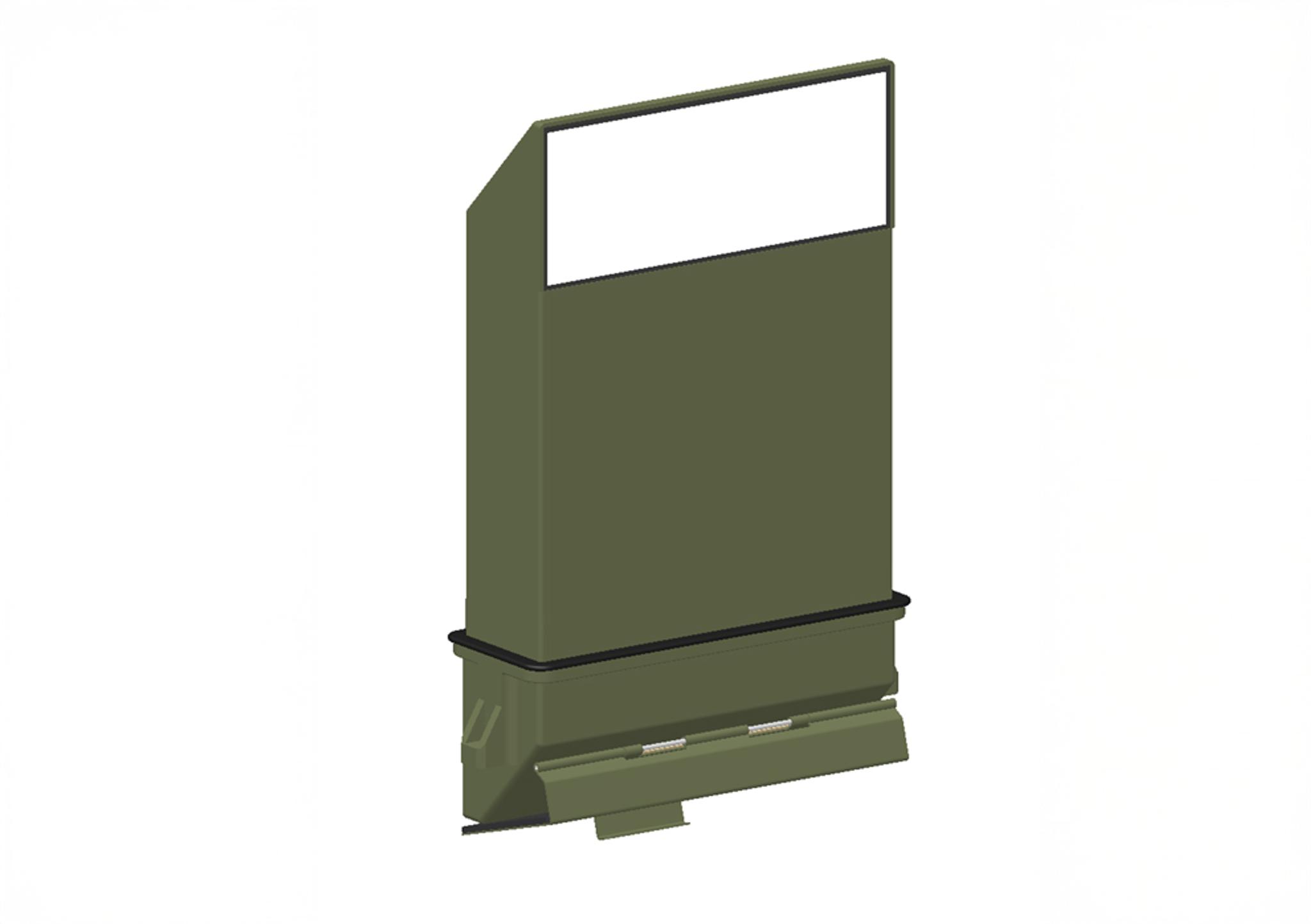 M45 M-Series Unity Vision Periscope.  A 3D-rendered image of a green armored vision block or periscope module designed for military vehicles. The unit features a tall rectangular shape with a clear viewing window at the top, a black gasket seal around the midsection, and a lower angled section with two visible metal spring components. The casing is robust, with simple detailing for integration into vehicle armor.