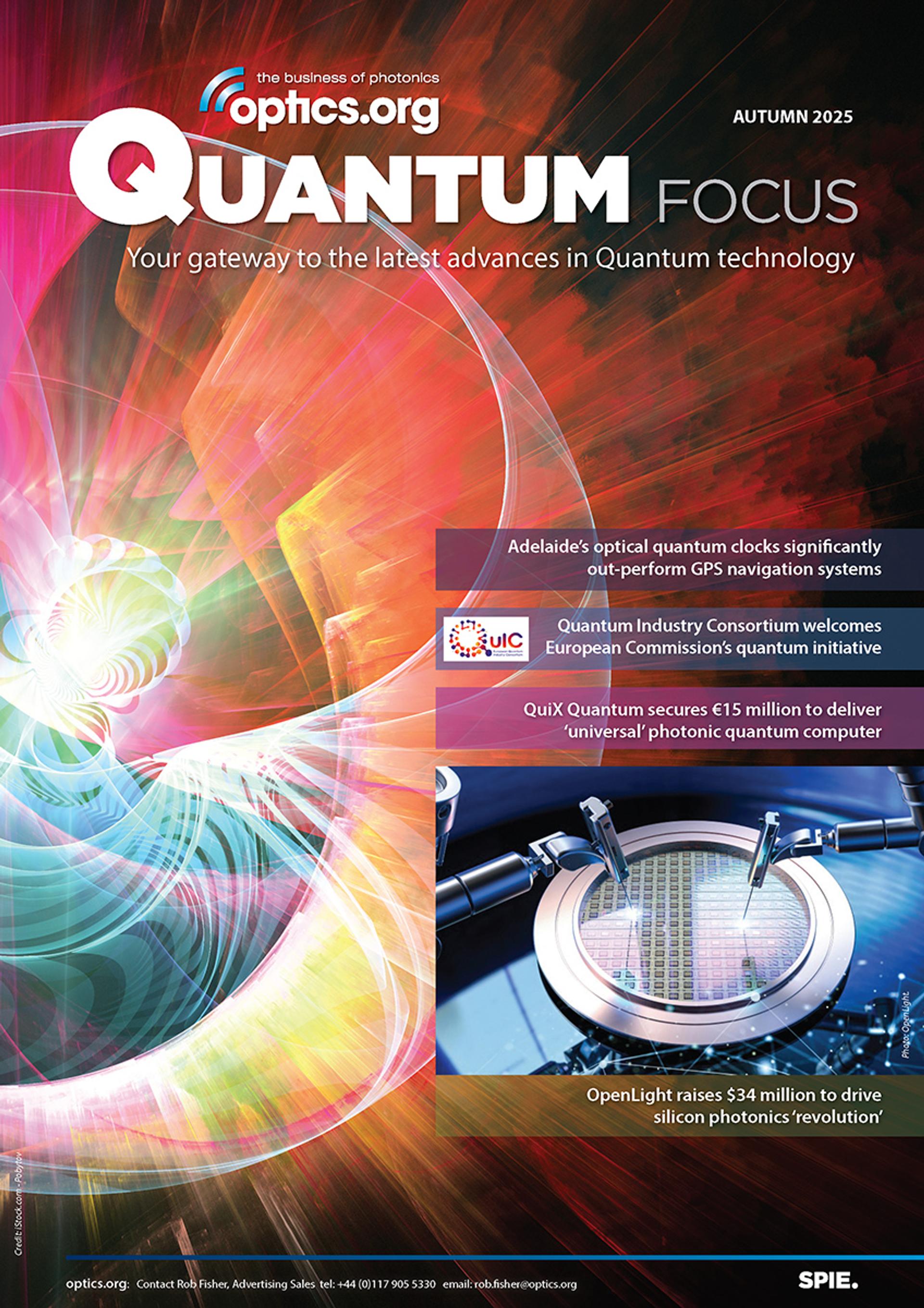 Front cover of Quantum Focus Autumn 2025 issue by Optics.org, featuring colorful photonic light patterns and headlines on advances in quantum technology including optical clocks, quantum computers, and silicon photonics.
