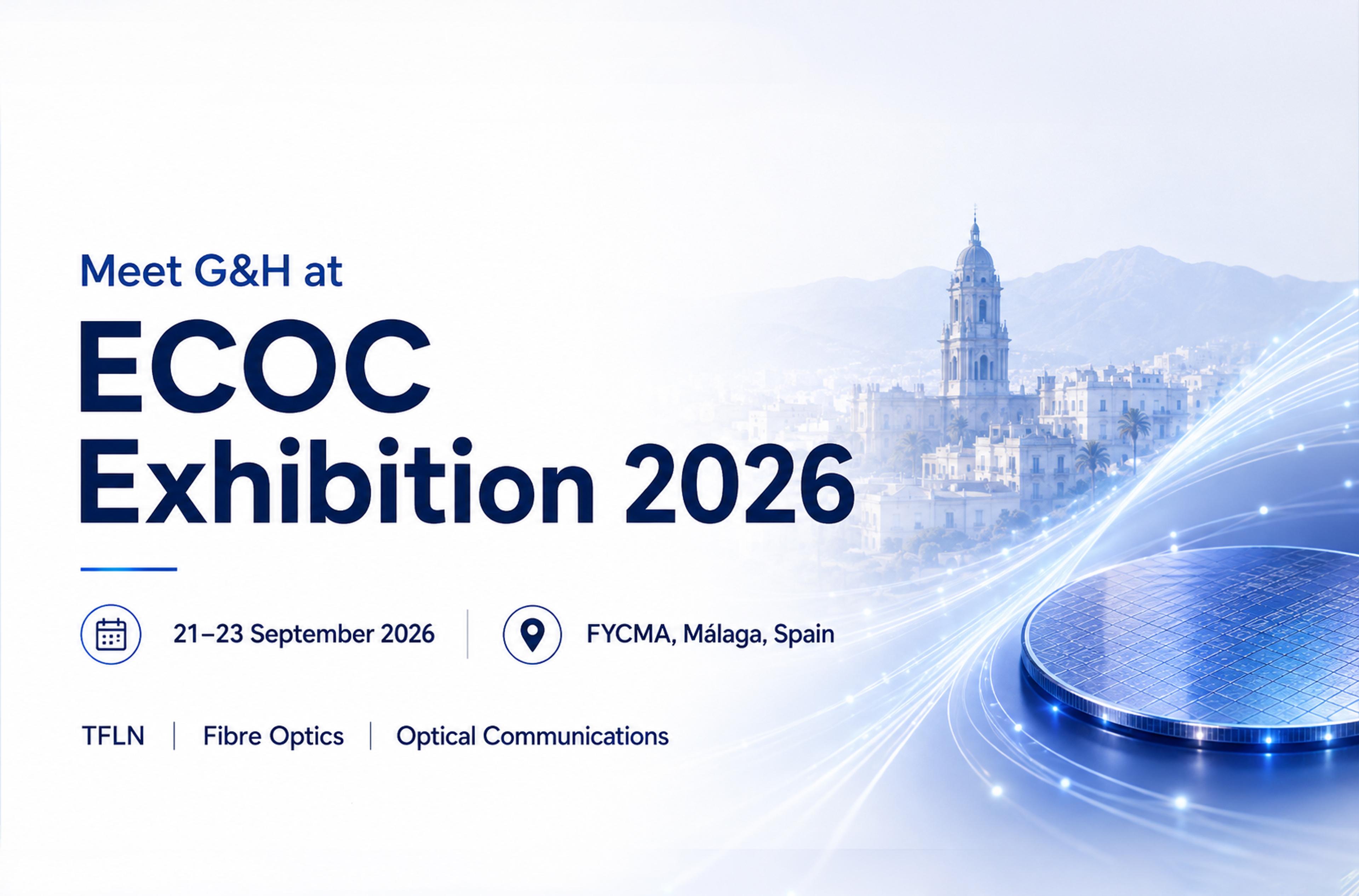 Wide blue-and-white ECOC Exhibition 2026 banner featuring a Málaga cityscape, sweeping fibre-optic light trails and a photonic wafer, with the event dates and location.