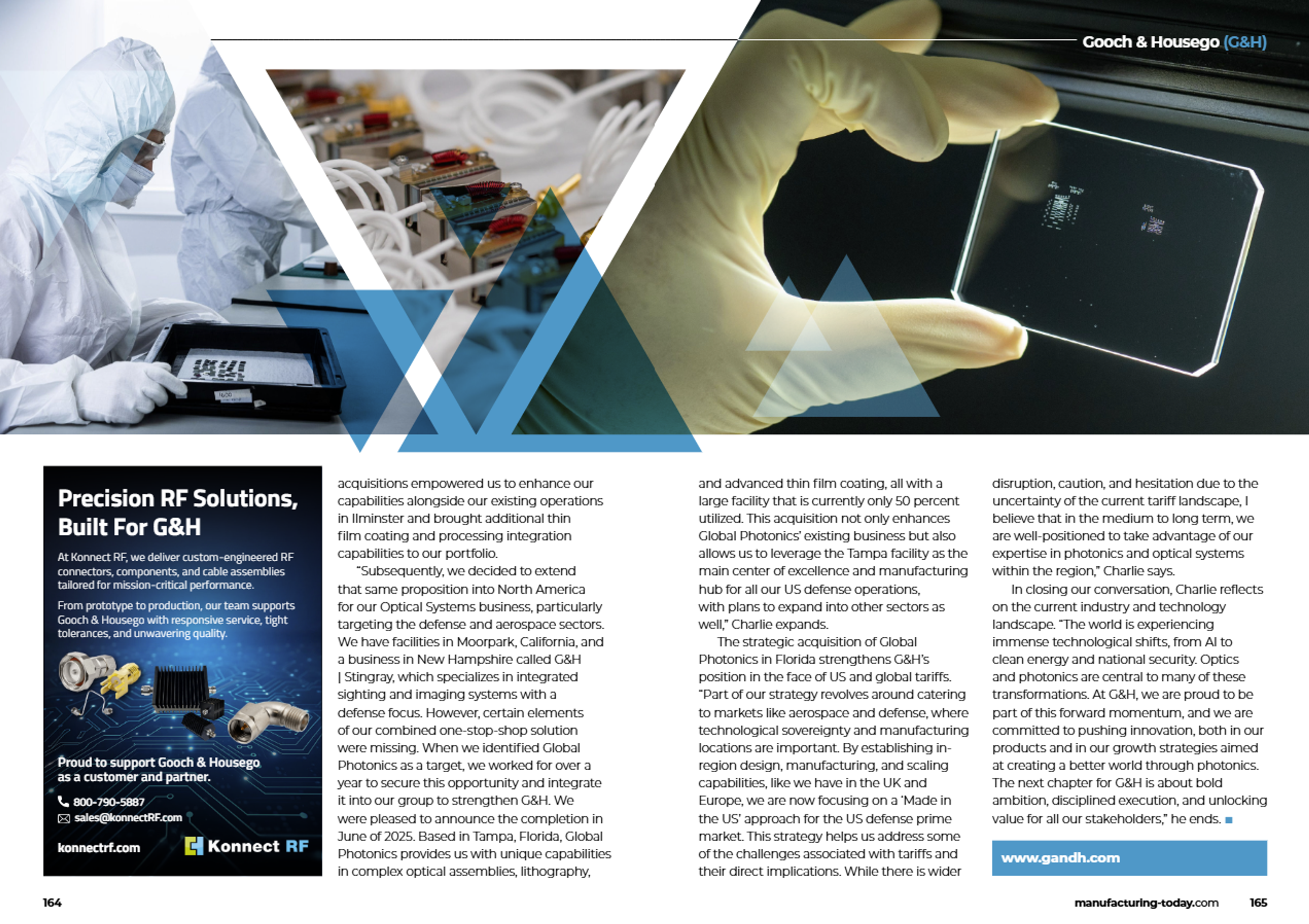 A double-page spread from Manufacturing Today magazine, showcasing Gooch & Housego (G&H). The left page features a section titled "Precision RF Solutions, Built For G&H" by Konnect RF, with a photo of a technician in a cleanroom suit handling electronic components. Above this, there are abstract triangle graphics overlaying an image of a circuit board. The right page shows a gloved hand holding a thin optical component with visible microstructures. The article discusses G&H’s expansion in the US, its acquisition of Global Photonics, and strategies to strengthen its defense and aerospace business under shifting global trade dynamics. The G&H logo appears in the top-right corner, and the website "www.gandh.com" is listed at the bottom.