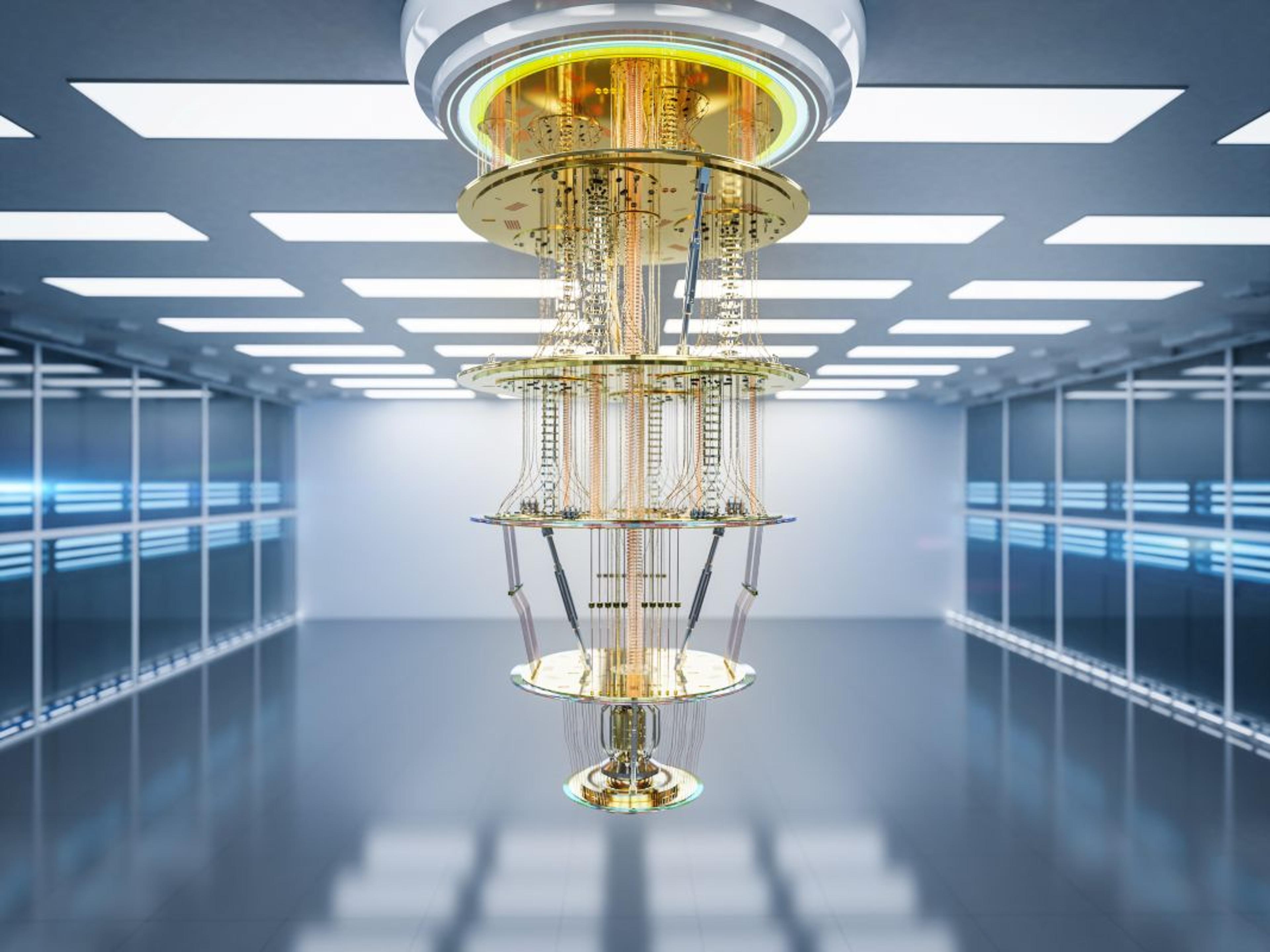 Quantum technologies, A futuristic, brightly lit laboratory interior with a suspended quantum computer at the center. The quantum processor, made of intricate gold-plated components and concentric cooling stages, hangs from the ceiling. It features tiered, circular platforms with connecting wires and delicate structures, emphasizing its advanced and complex design. The room has reflective flooring, grid-patterned ceiling lights, and glass walls, suggesting a clean and high-tech environment