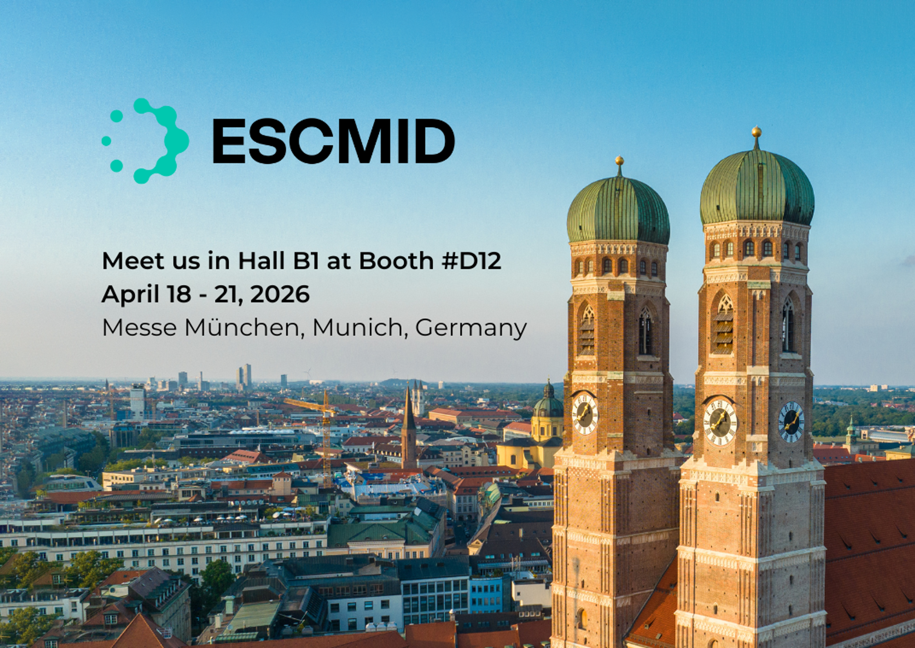 ESCMID event banner showing Munich’s skyline with the twin towers of the Frauenkirche in the foreground, alongside text promoting ESCMID 2026 with dates, booth D12 in Hall B1, and the venue Messe München, Germany.