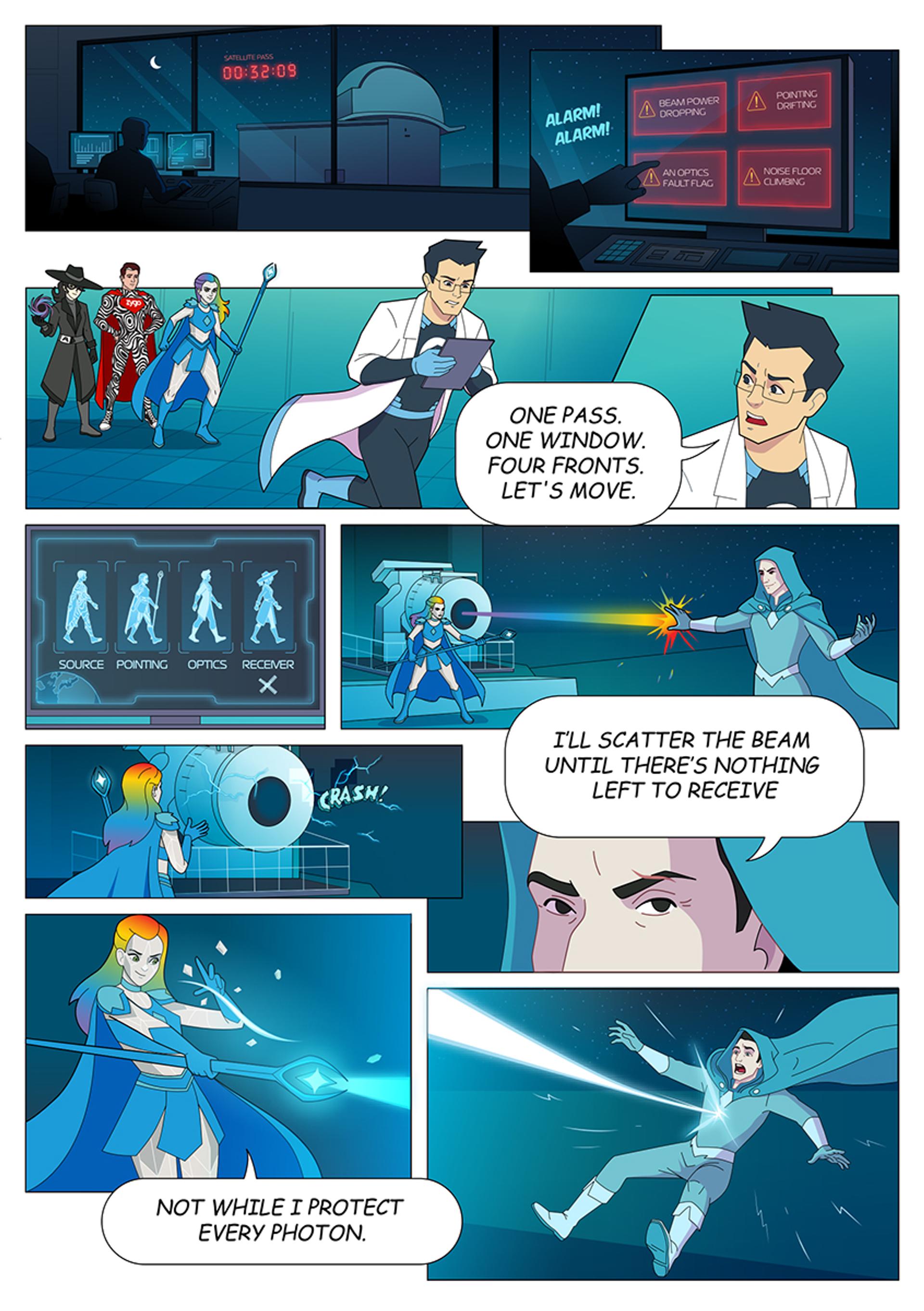 Comic-style Superhero League of Photonics scene showing a satellite communications alarm and a team responding to an optics fault, with a blue-clad hero protecting and redirecting a laser beam.