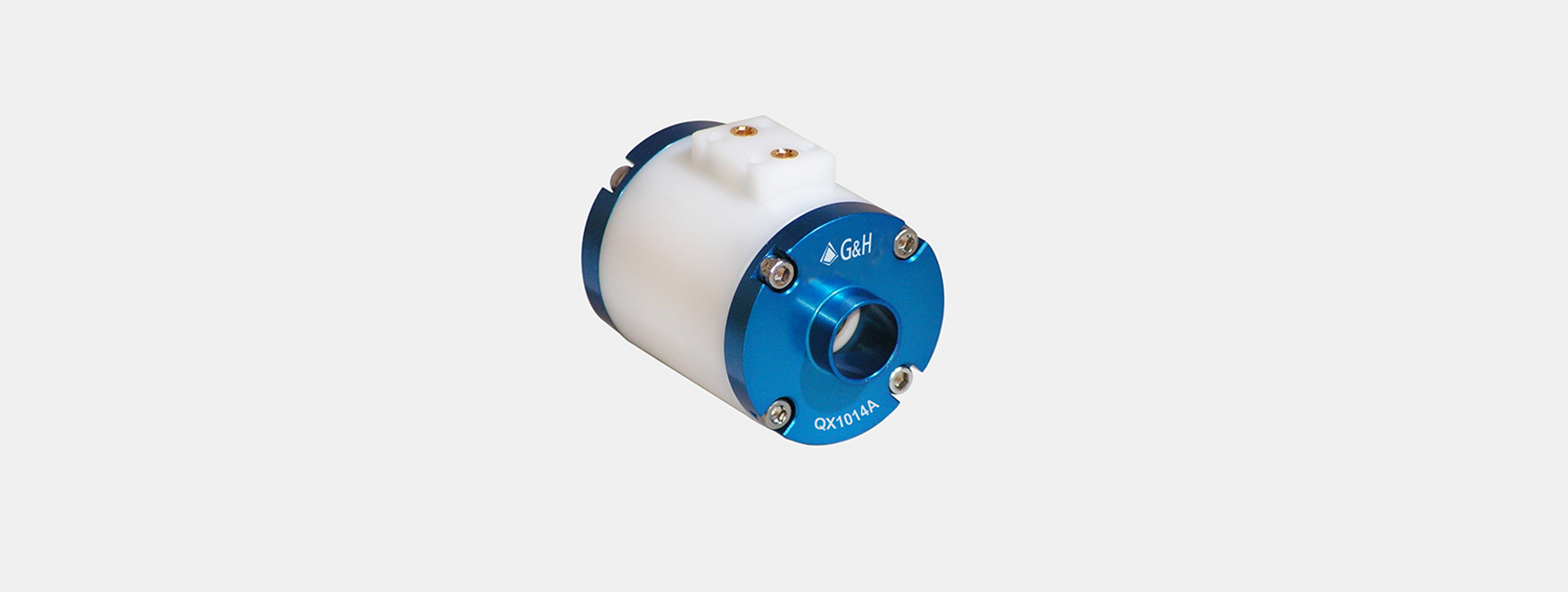 A single G&H QX1014A Pockels cell is shown, featuring a white ceramic cylindrical body with blue anodized endcaps. The front cap is engraved with the G&H logo and the model number "QX1014A." Gold-plated electrical connectors are mounted on a raised section of the body, highlighting its use in laser modulation and electro-optic switching applications.