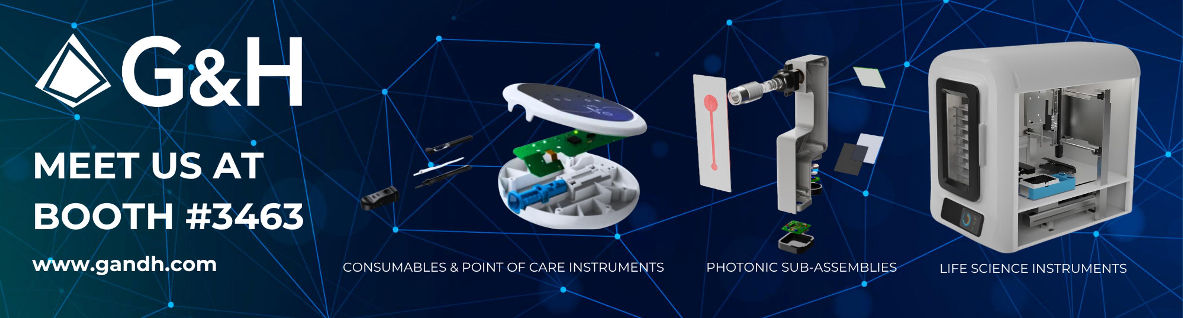 G&H promotional banner inviting visitors to Booth #3463, showing examples of consumables and point-of-care instruments, photonic sub-assemblies, and life science instrument solutions.