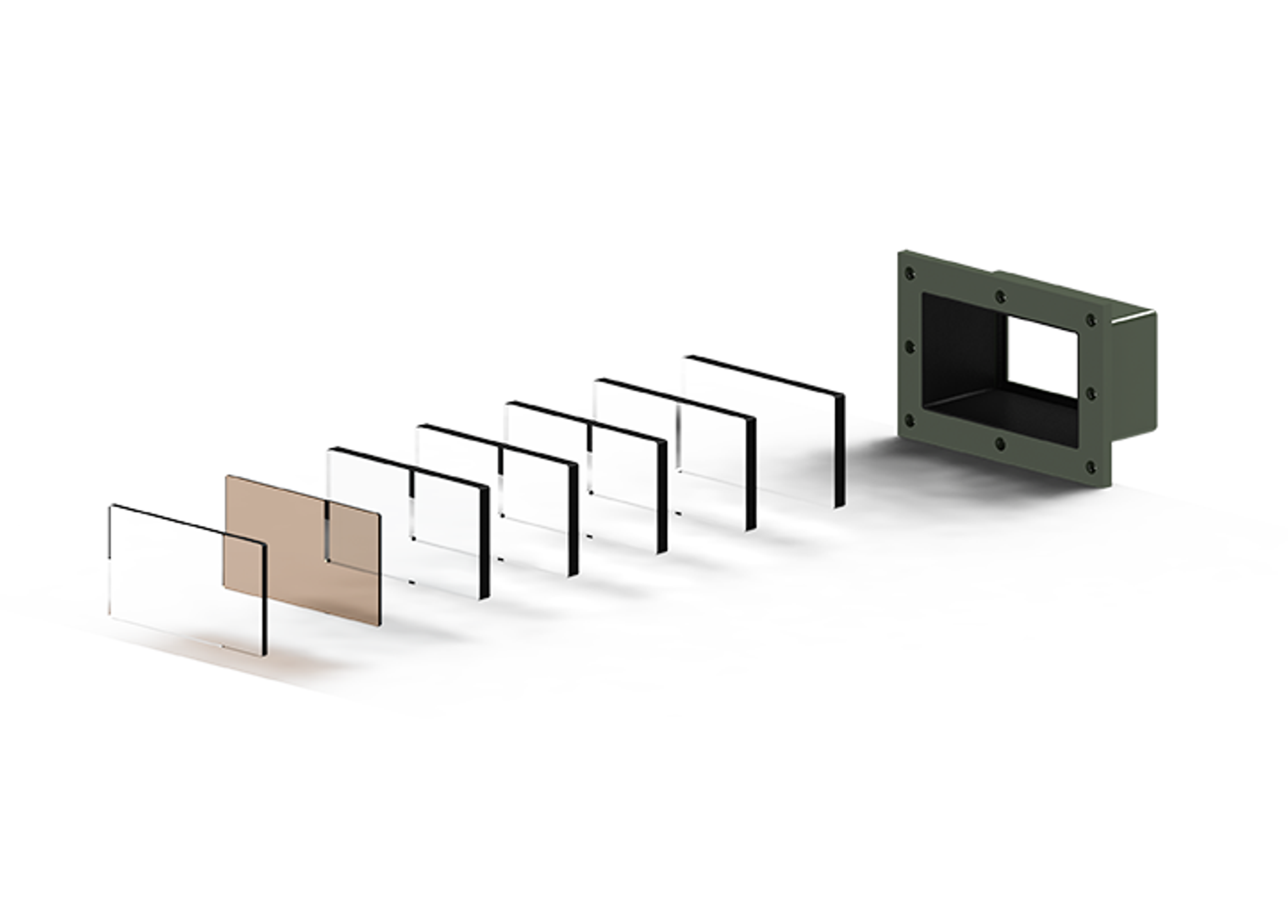 Vision Block Exploded View image - An exploded view rendering of a vision block assembly, showing multiple transparent and tinted rectangular optical elements aligned in sequence. The optical elements lead into a dark green, rectangular housing frame with screw holes, illustrating the internal structure and component layering
