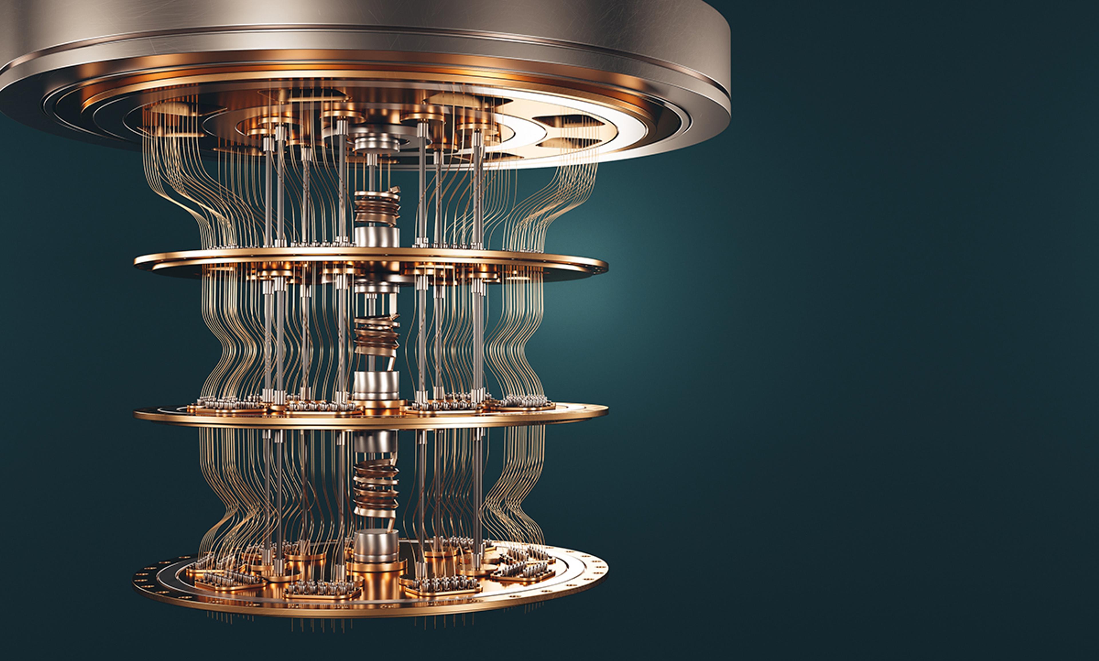 a quantum technologies - 3D render of a quantum computer cryostat system, showing a vertically suspended structure with multiple circular gold-colored plates connected by numerous thin wires. The design highlights the intricate architecture and advanced technology used in quantum computing hardware