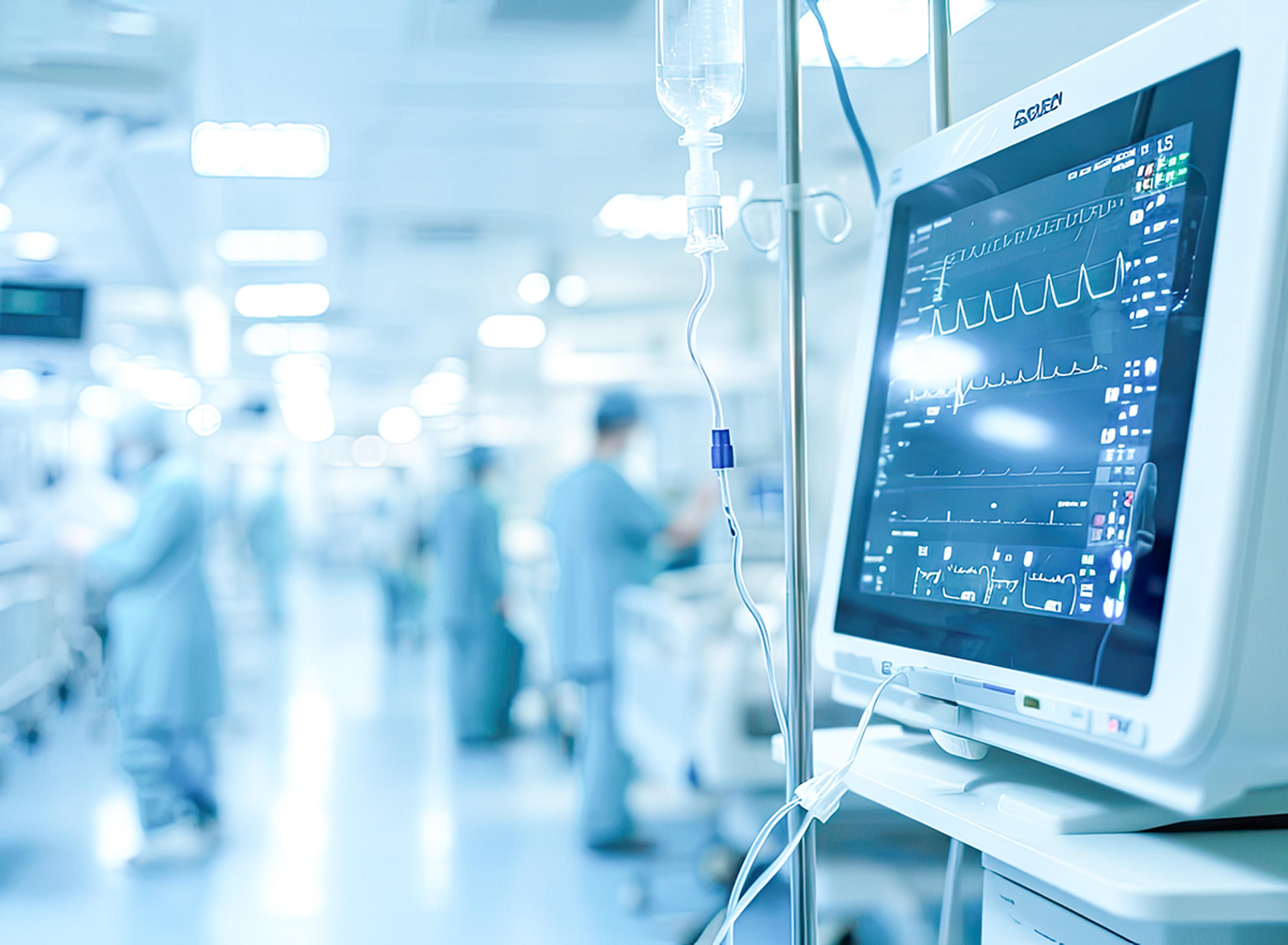 Hospital ward scene with an IV drip and bedside patient monitor displaying vital signs, with medical staff blurred in the background.