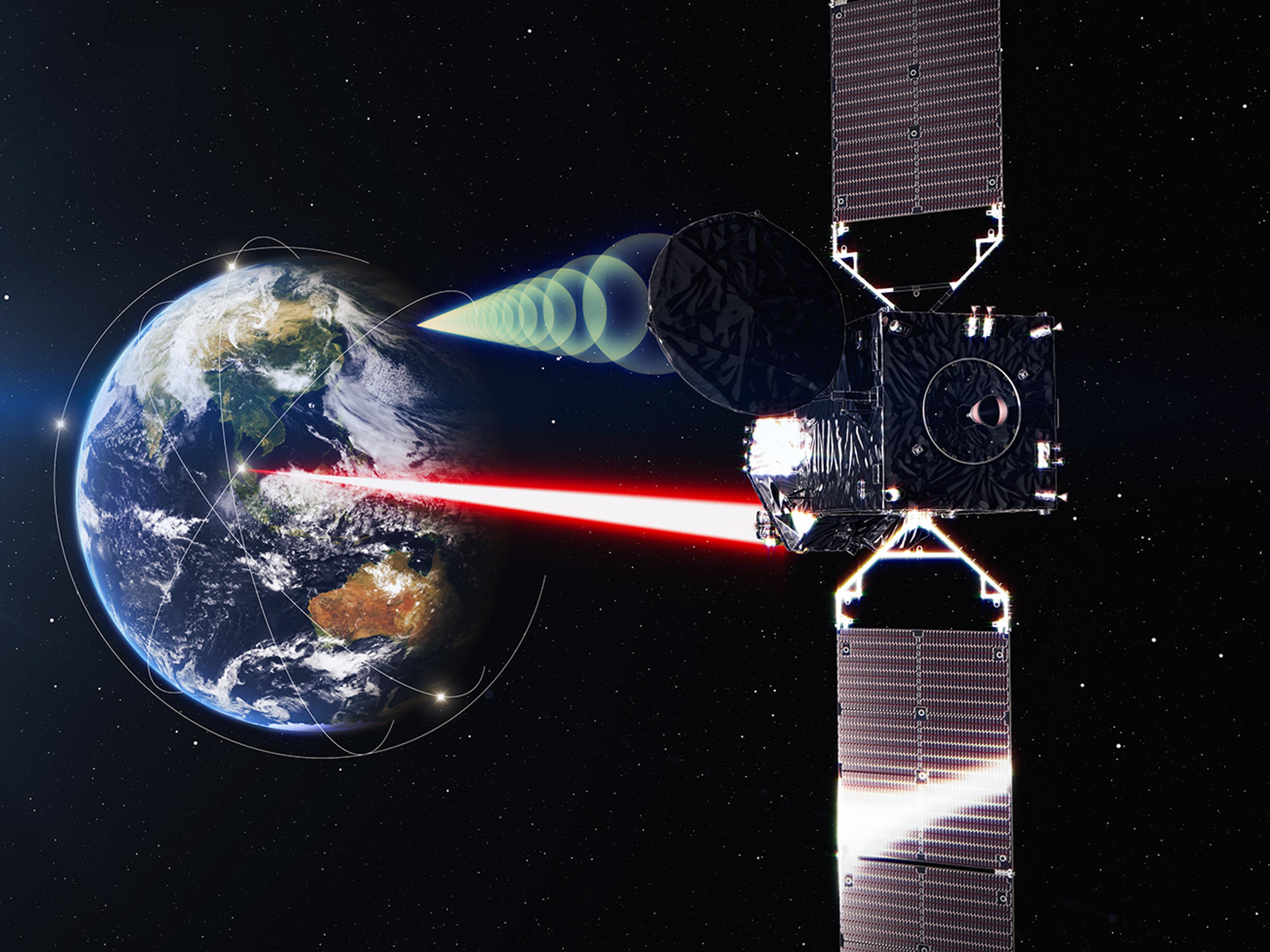 Illustration of JAXA’s Laser Utilizing Communication System “LUCAS”, showing a satellite transmitting laser communication beams towards Earth from space.