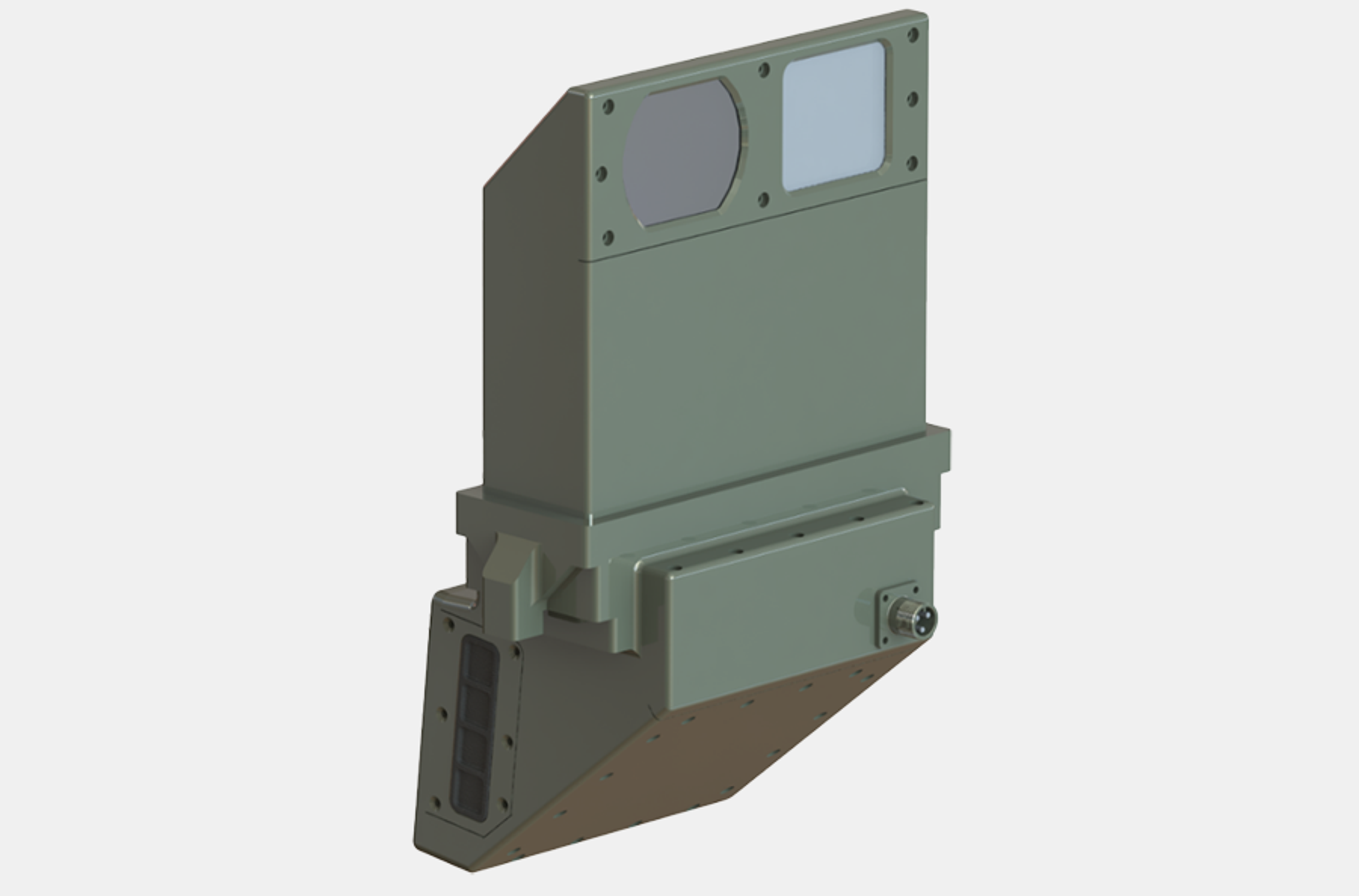 Enhanced Driver’s Vision System (EDVS) unit featuring a compact olive-green housing with two optical sensor windows on the upper face and a connector port on the lower side. The angular design and rugged casing indicate it's engineered for installation on military vehicles to improve driver visibility in low-light or obstructed conditions.