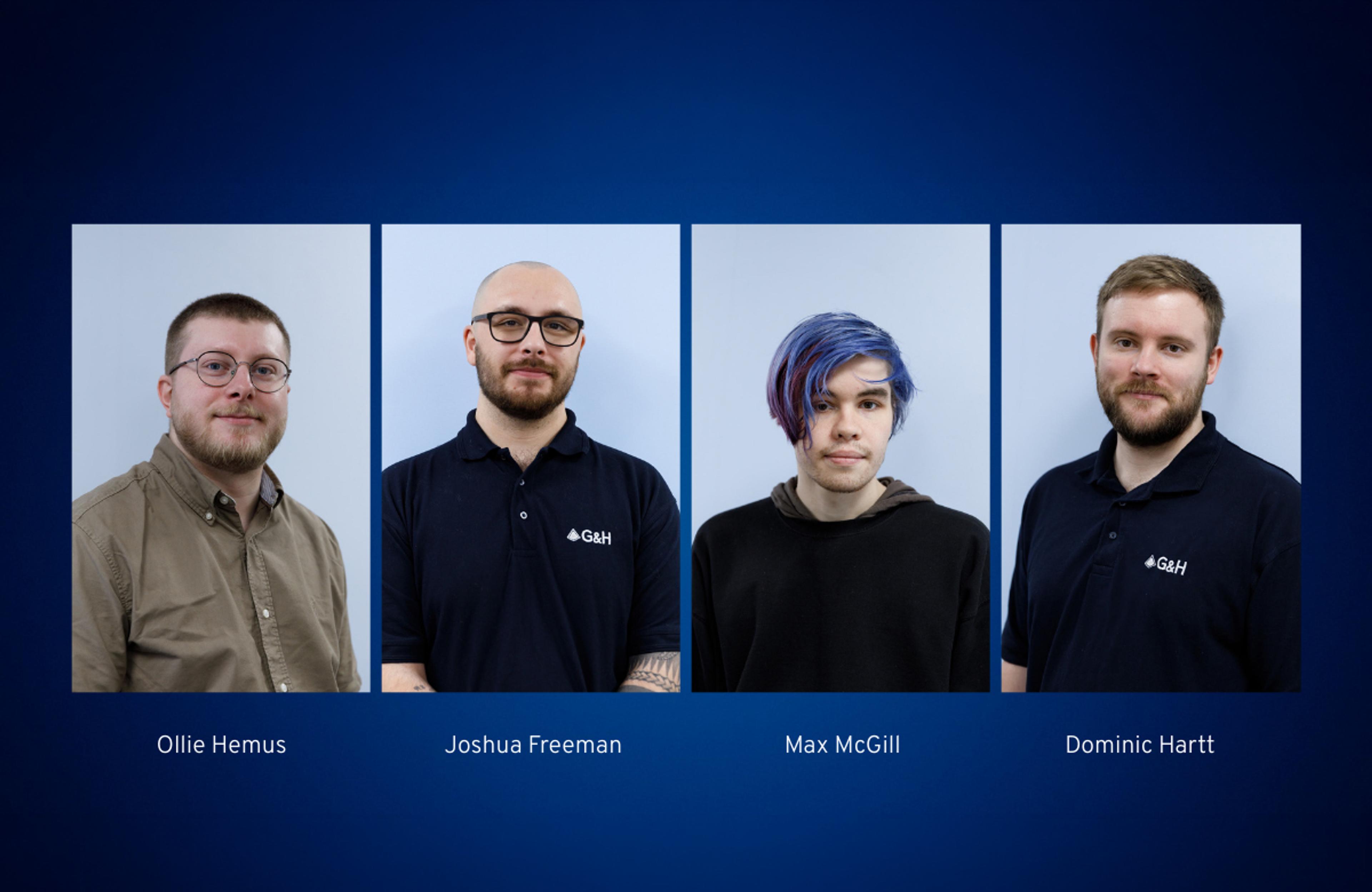 Portrait collage of four G&H apprentices against a blue background, with names shown below: Ollie Hemus, Joshua Freeman, Max McGill and Dominic Hartt.