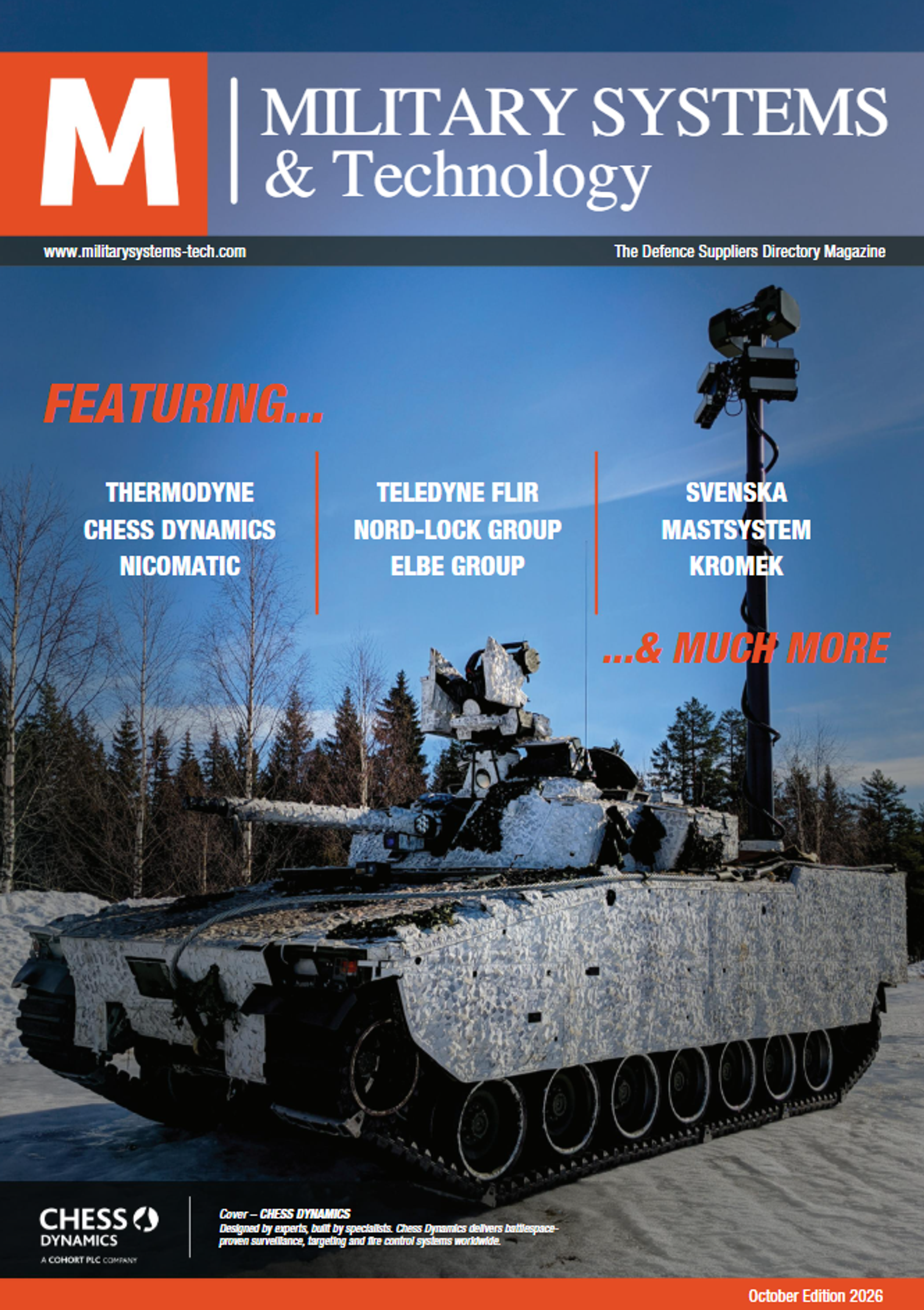 October 2026 cover of Military Systems & Technology magazine, featuring a camouflaged armoured vehicle with a raised sensor mast in a snowy landscape.