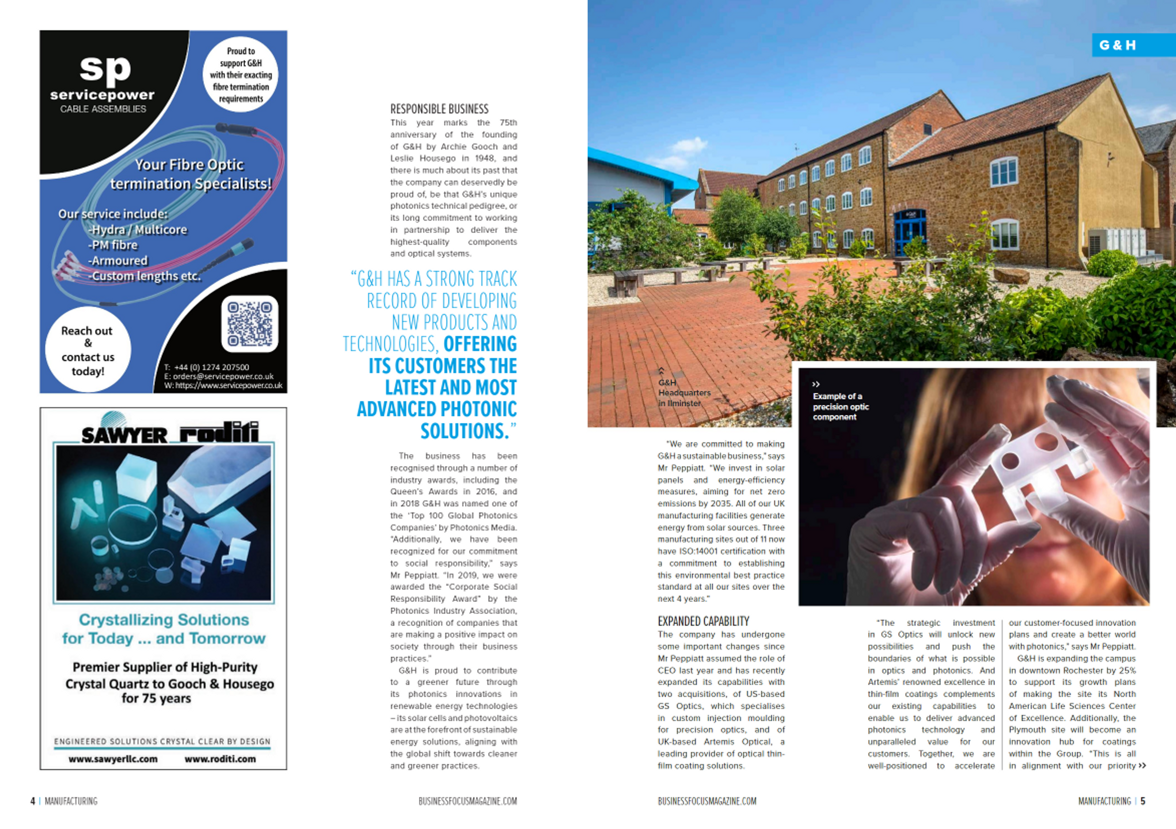 Magazine spread featuring G&H. The left page includes advertisements for fiber optic termination and crystallizing solutions, alongside text celebrating G&H’s 75th anniversary and commitment to photonic innovation. A bold quote highlights their advanced photonic solutions. The right page features a large photo of G&H's Ilminster headquarters, a smaller image of gloved hands holding a precision optical component, and text discussing sustainable business practices, solar energy use, and expanded capabilities in photonics and optics.