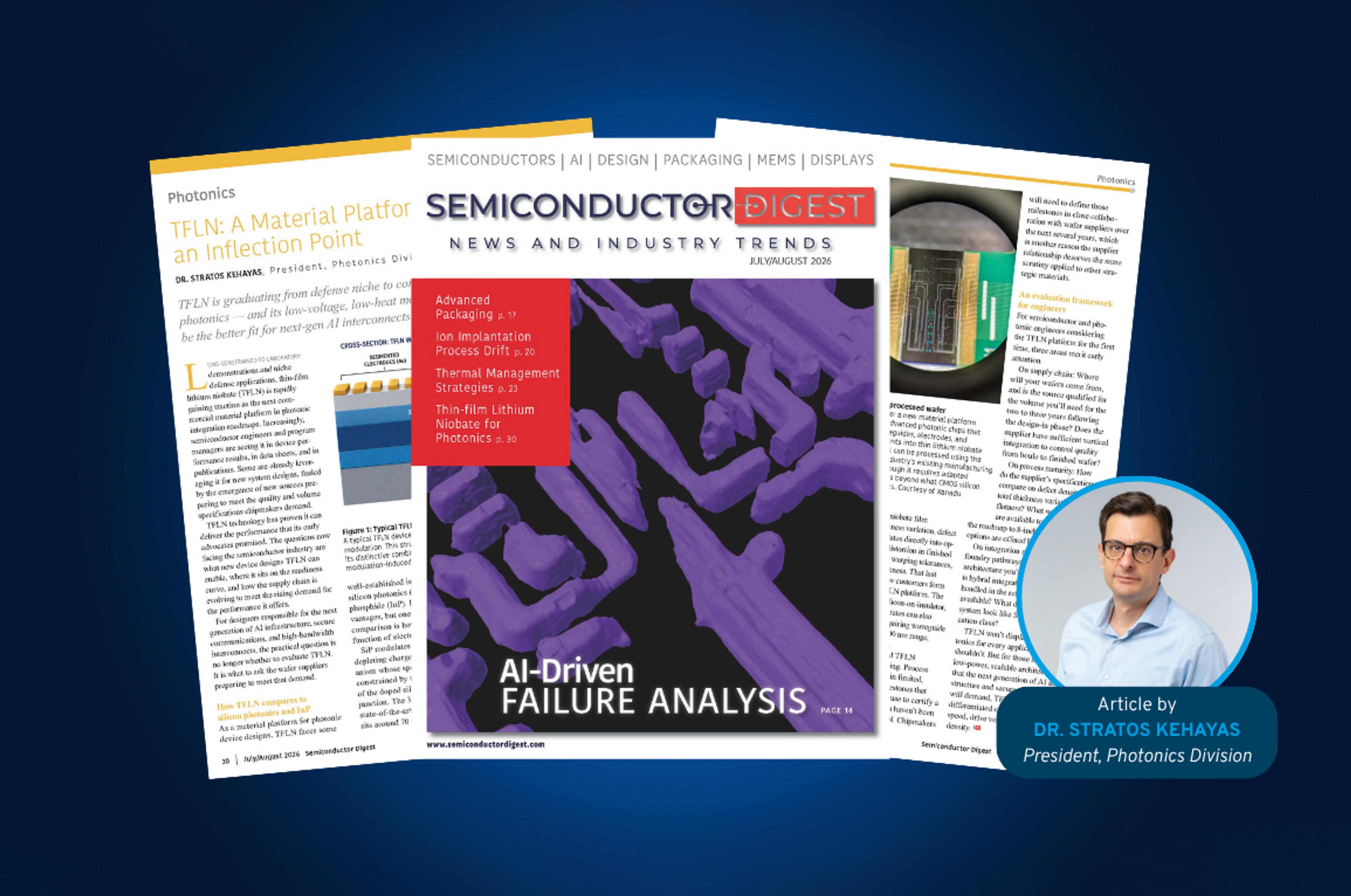 Semiconductor Digest July/August 2026 cover and pages from G&H’s TFLN article, “A Material Platform Reaches an Inflection Point,” alongside a portrait of author Dr. Stratos Kehayas, President of G&H’s Photonics Division.