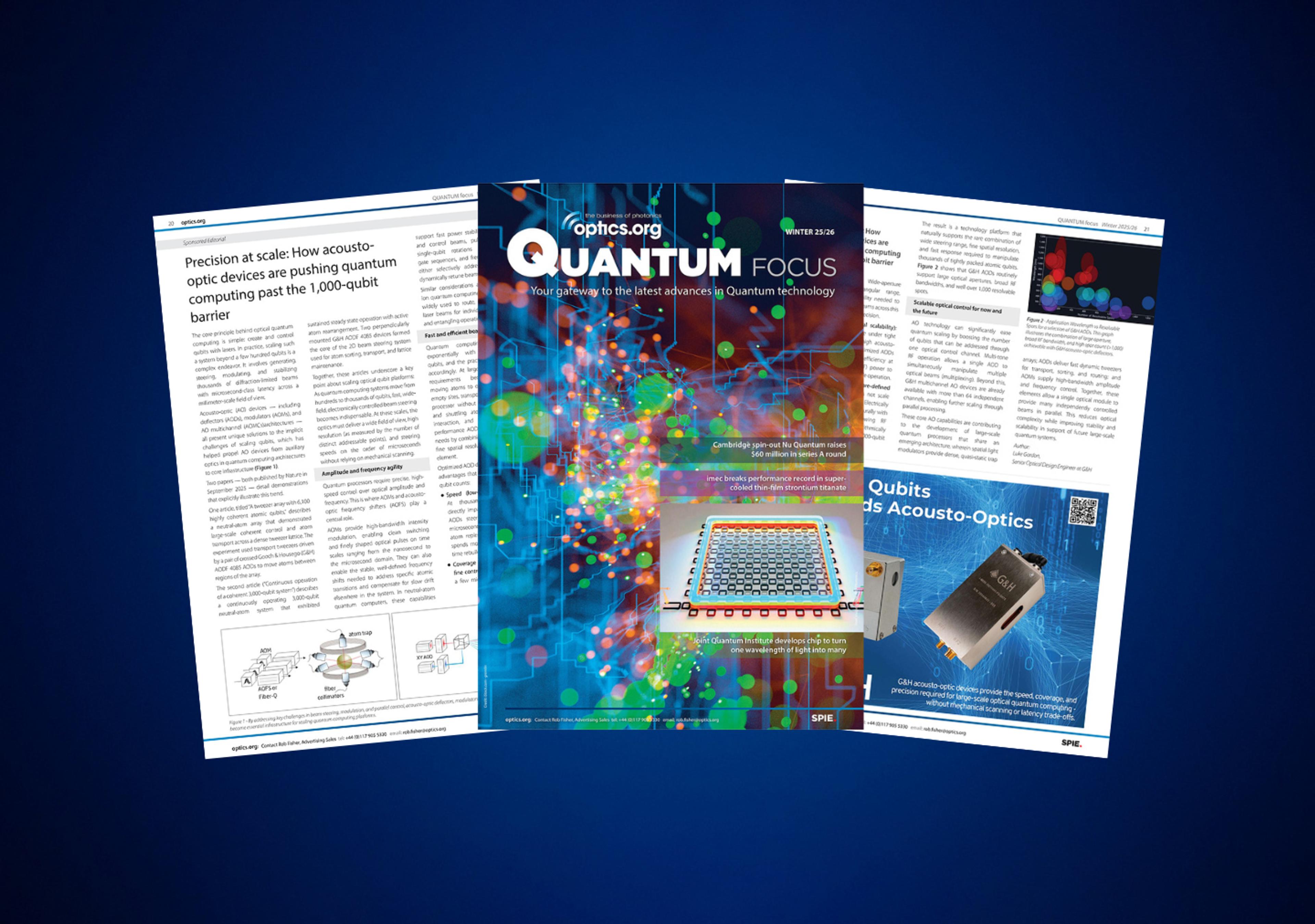 Spread of optics.org Quantum Focus Winter 25/26, showing the front cover and selected inside pages arranged in a fan layout, featuring articles on quantum photonics, acousto-optic devices, and qubit control, with abstract digital light graphics on a dark blue background.