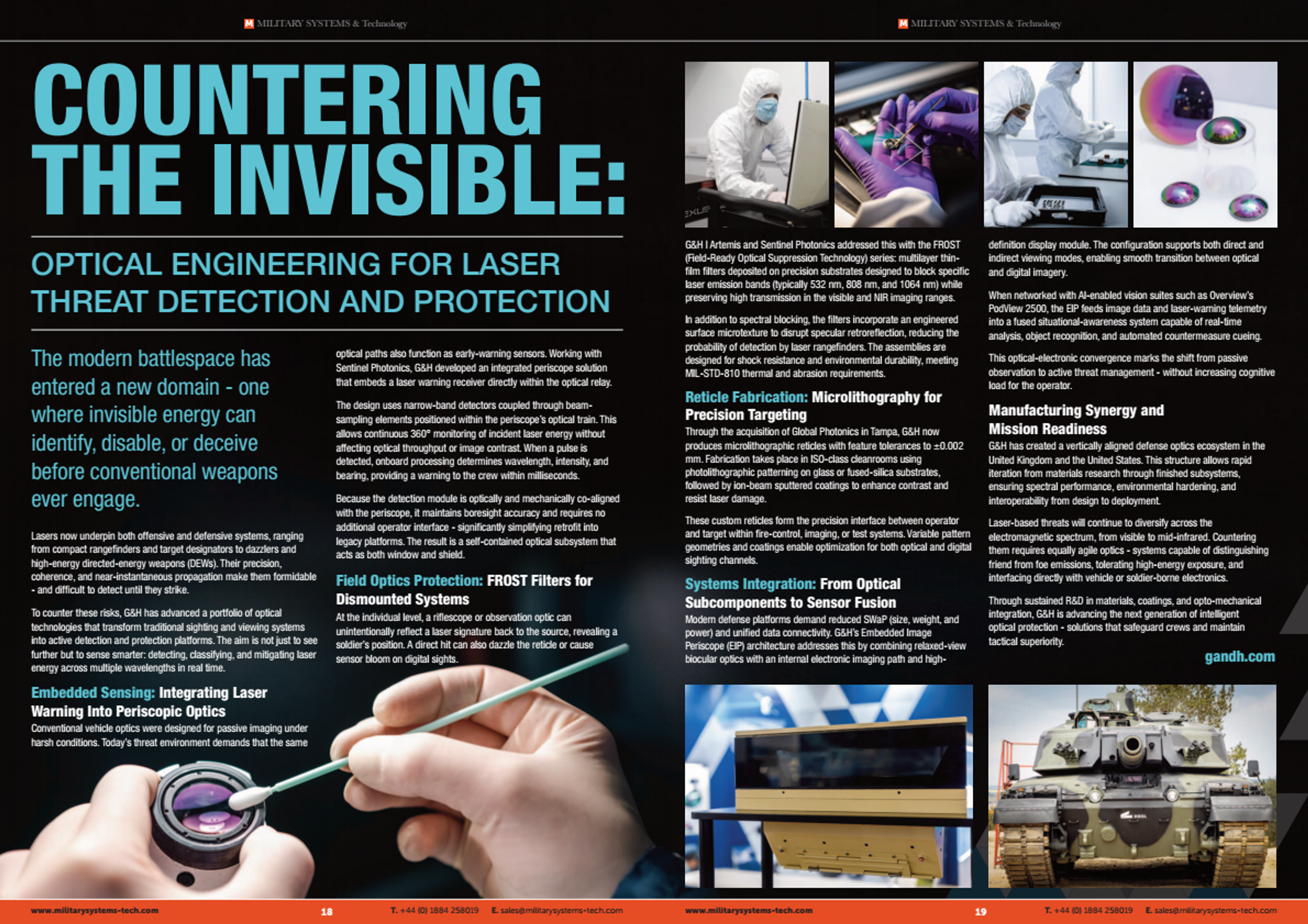 Military Systems & Technology magazine spread featuring the G&H article ‘Countering the Invisible: Optical Engineering for Laser Threat Detection and Protection,’ with text, technical imagery of optical components, engineers in cleanroom environments, and a military vehicle.